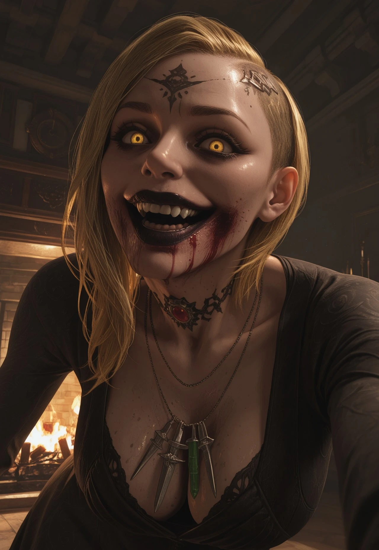 safe_pos, masterpiece, best quality, BREAK, dynamic angle, close-up, 1girl, solo, re8vam, yellow eyes, blonde hair, black lips, bloody mouth, asymmetrical hair, shaved side, black dress, necklace, cleavage, leaning towards viewer, crazy smile, bedroom, fireplace, fancy room, cinematic lighting