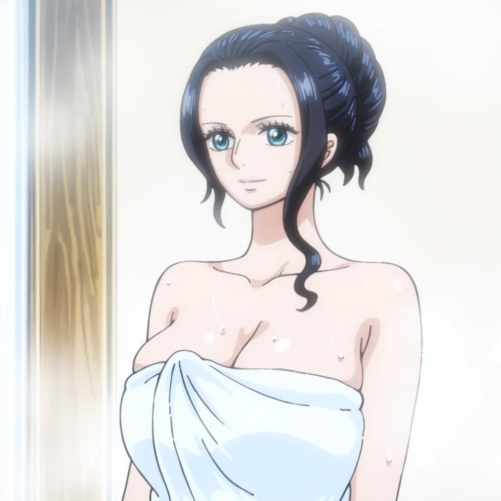 <lora:NicoRobin_illustrious_v1:1>NicoRobinTowel, 1girl, naked towel, black hair, large breasts, blue eyes, cleavage, collarbone, bare shoulders, hair up