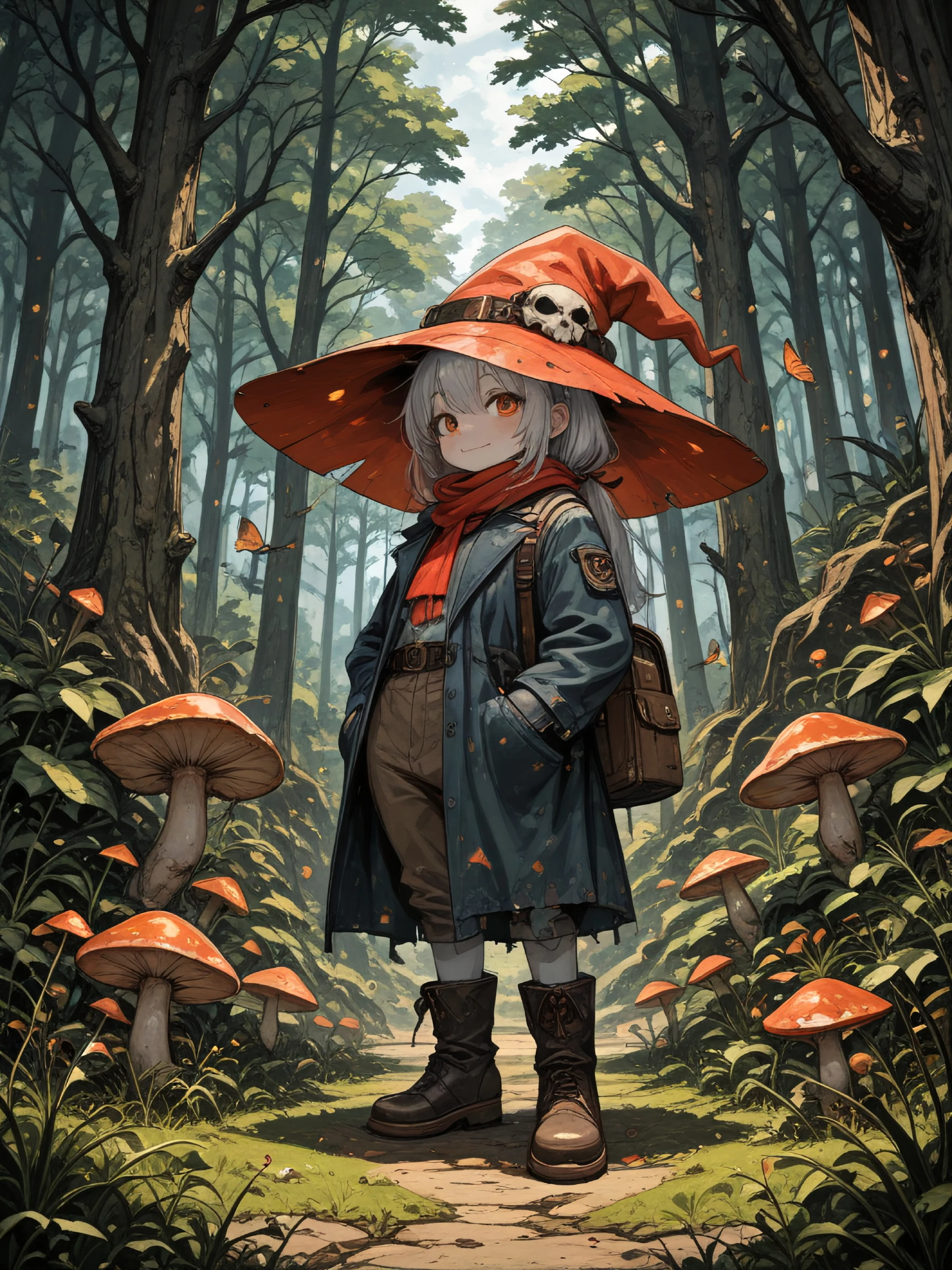 masterpiece, best quality, amazing quality, atmospheric perspective, mushroom, hat, bug, tree, hands in pockets, outdoors, witch hat, red scarf, furry, butterfly, red headwear, standing, nature, scarf, forest, solo, grass, bag, belt, animal, looking at viewer, orange eyes, light smile, full body, fireflies, skull hat ornament, day