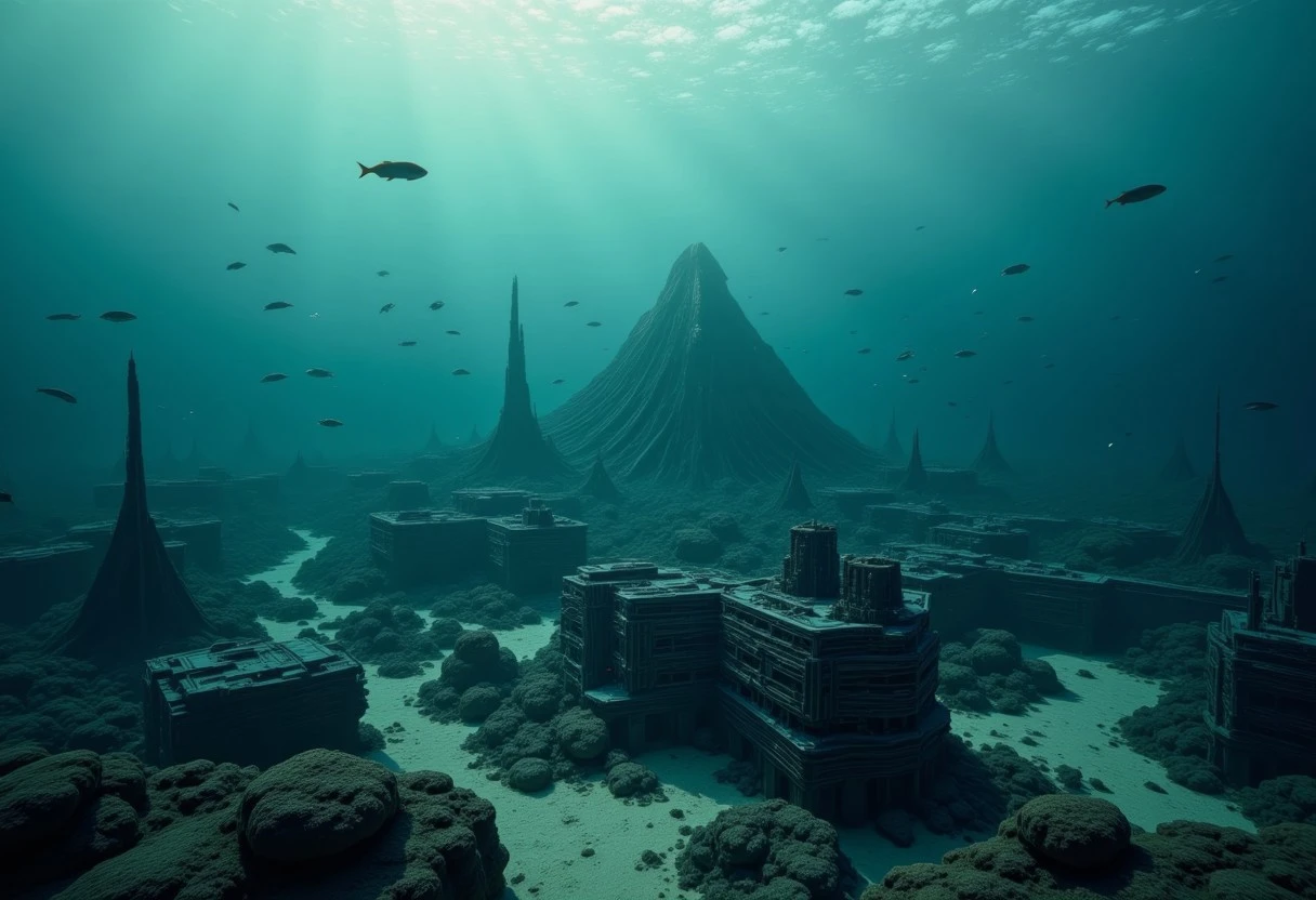 the most realistic, photorealistic photo ever taken [Highest quality、WARM vibrant colors, masterpiece、RAW Photos、god rays, Realistic、water currant, Film Grain、(submerged in the sea:1.5), ( VAST UNDERWATER City:1.5), ( NUCLEAR EXPLOSION:1.5), (SCIFI:1.4), (FISHES SWIMMING:1.5), A city where TECHNOLOGY WELL  developed, Huge construction、pyramids, Very dense and delicate, sun rays piercing the surface of the water, ]