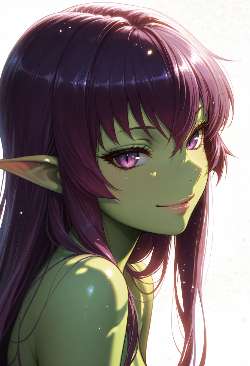 Smooth Quality - Illustrious, Masterpiece, source_anime, face close up, Akaname, pointy ears, green skin, purple hair, long hair, purple eyes, slit eyes, lips, smile, naked, white background, dynamic angle, front lighting, vivid colors, shiny and glossy, anime style, high-res, beautiful aesthetic, very intricate, high-quality details, vibrant, highly detailed, professional, <lora:MGE_V5.2_IL:0.9>,
