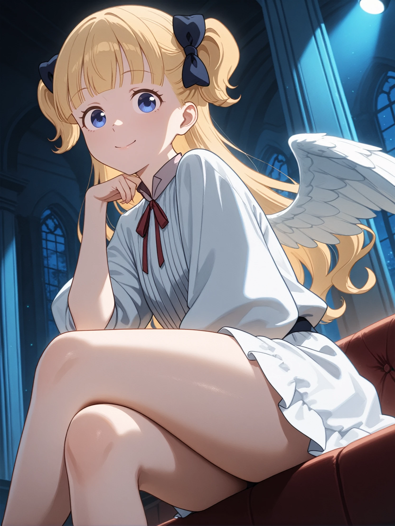 masterpiece, best quality, high resolution, very aesthetic, absurdres, newest, professional, high-quality, detailed eyes,
<lora:ILAEmilico:1.0>
AEmilico, 1girl, blonde hair, blue eyes, hair bow, blunt bangs, two side up, long hair, looking at viewer, angel wings, seductive pose,smile,sitting,crossed legs, realstic background, depth of fields,cinematic lighting,night,party hall,from below