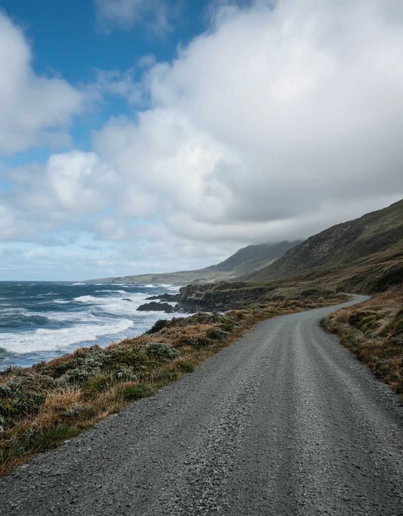 <lora:City_Worlds_01_v1_Roads_flux:1> citybkg, clouds, sea side road, waves, hills, gravel road