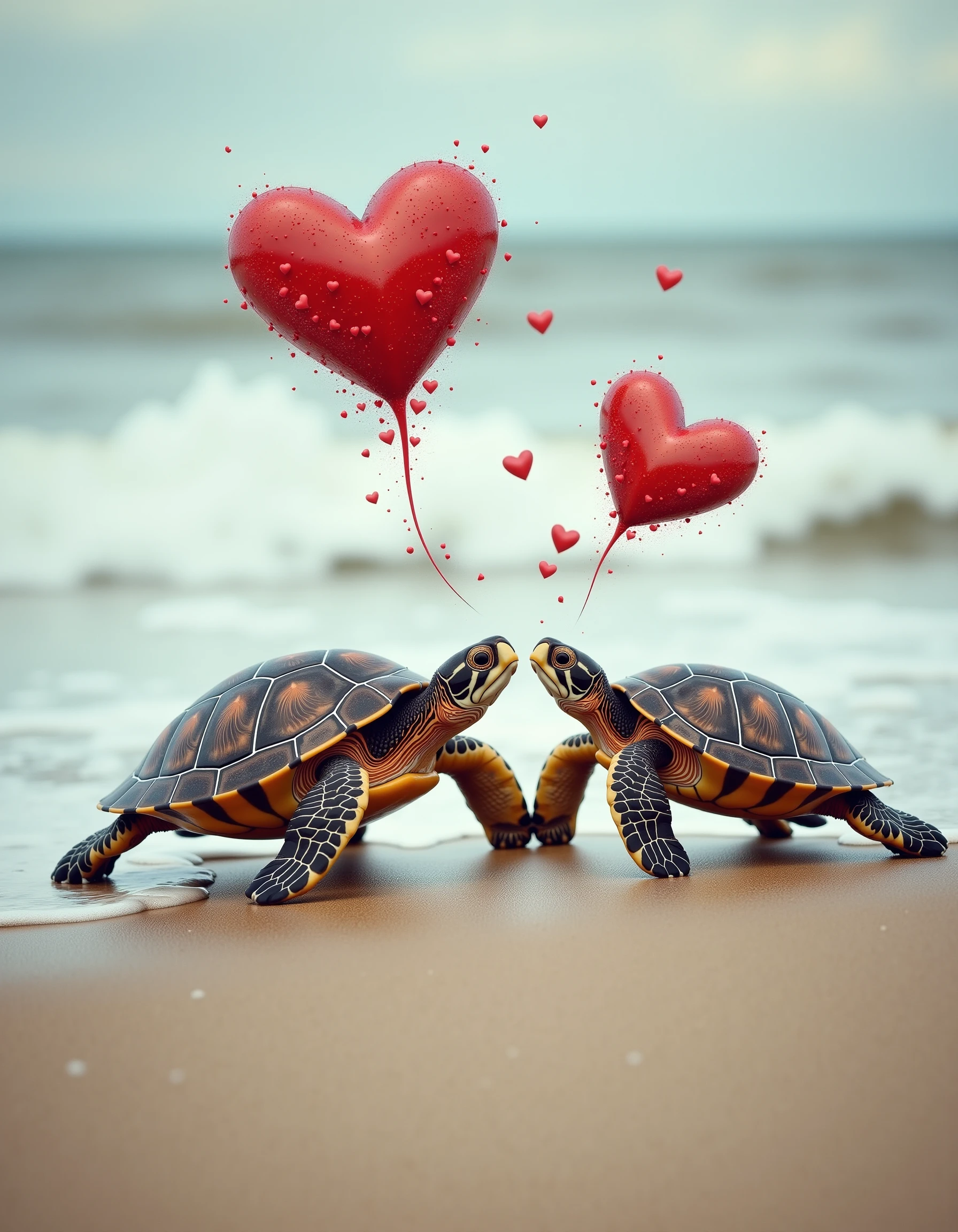 photograph of two turtles on the beach, mad-love hearts swirling around <lora:love-is-in-the-air-flux:0.8>