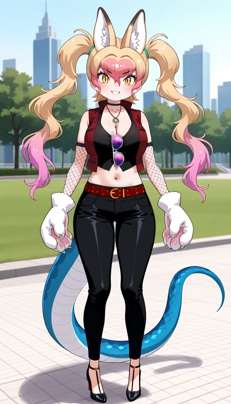1girl, solo, <lora:nue_kf_ilxl_v1:1>, nue \(kemono friends\), animal ears, animal ear fluff, animal costume, cat ear, multicolored hair, two-tone hair, light brown hair, pink hair, twintails, long hair, hair between eyes, yellow eyes, slit pupils, lizard tail, scales, gloves, print gloves, paw gloves, white gloves, large breasts, cleavage, mature female, nue2nd, alternate costume, official alternate costume, choker, black choker, necklace, jewelry, halterneck, eyewear hang, unworn eyewear, vest, red vest, sleeveless, sleeveless shirt, open vest, open clothes, navel, midriff, gloves, fishnet gloves, fishnets, pants, black pants, belt, red belt, leggins, shoes, high heels, standing, full body, blush, smile, looking at viewer, park, skyline, outdoors, day, masterpiece, best quality, very aesthetic, absurdres,