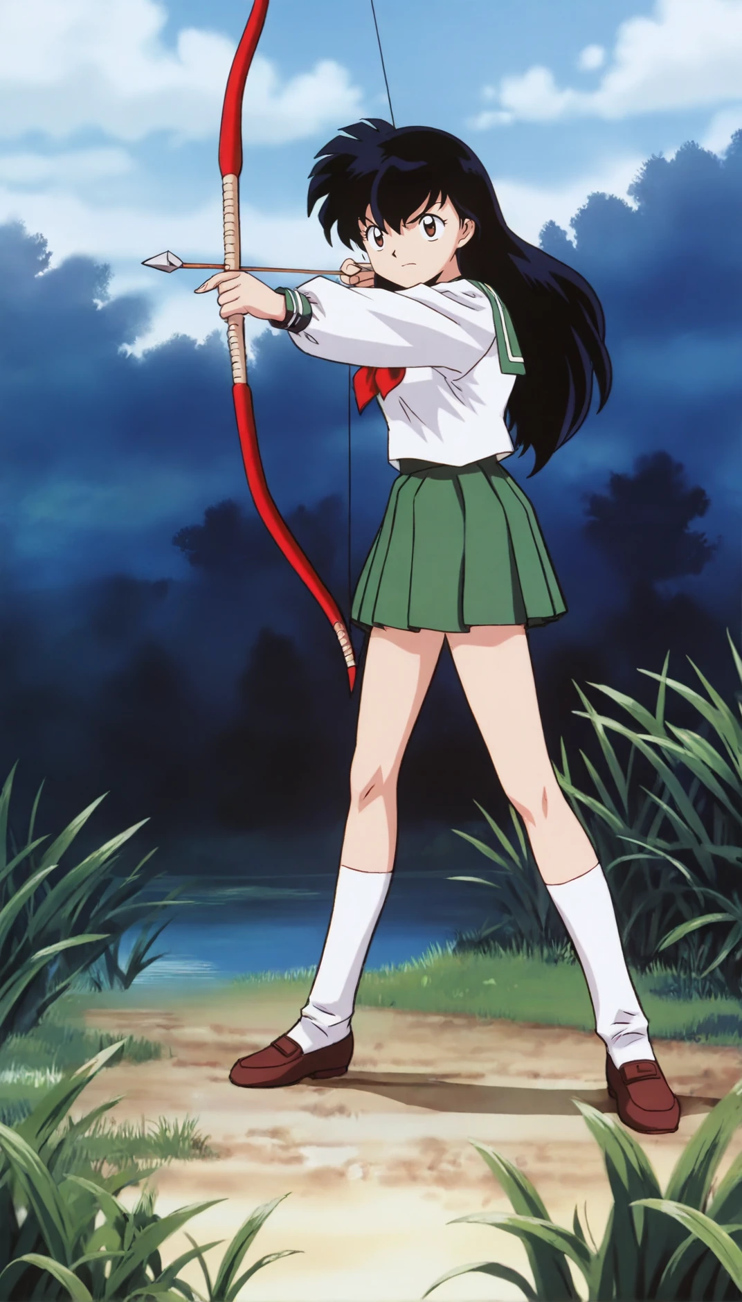 masterpiece,best quality,amazing quality,
<lora:higurashikagomeIL:1>,higurashikagome,
1girl,solo,black hair,long hair,bangs,brown eyes,white school shirt,red neckerchief,green pleated skirt,white socks,brown loafers,full body,standing,looking ahead,serious,bow \(weapon\),aiming,outdoors,blue sky,cloud,forest in the background,grass,