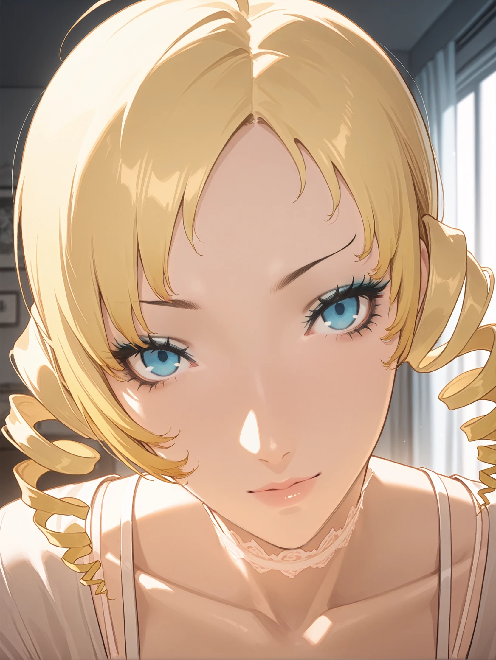 masterpiece, best quality, high resolution, very aesthetic, absurdres, newest, professional, high-quality, detailed eyes,
<lora:ILCCatherine:1.0>
CCatherine, 1girl, blonde hair, drill hair, blue eyes, looking at viewer, portrait