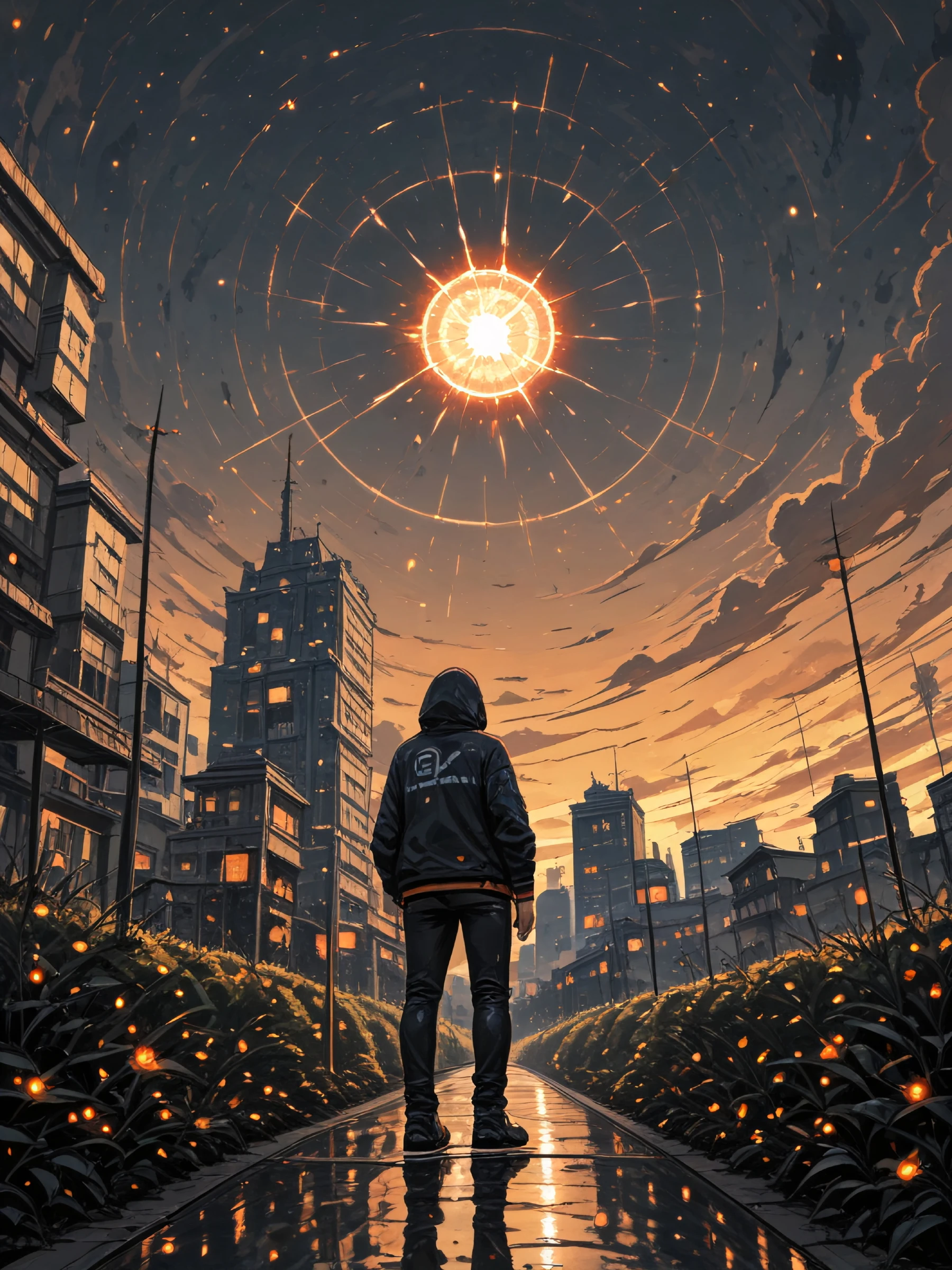 masterpiece, best quality, amazing quality, atmospheric perspective, hood, solo, cloud, sky, building, outdoors, pants, from behind, jacket, reflection, city, black pants, standing, hood up, hoodie, full body, sun, sunset, bush, glowing, gradient sky, circular composition, surreal, magic, cityscape