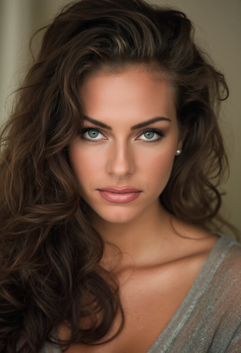 portrait inspired by Peter Lindbergh's photographic style of stacysanches, a brunette woman looking directly at the camera.