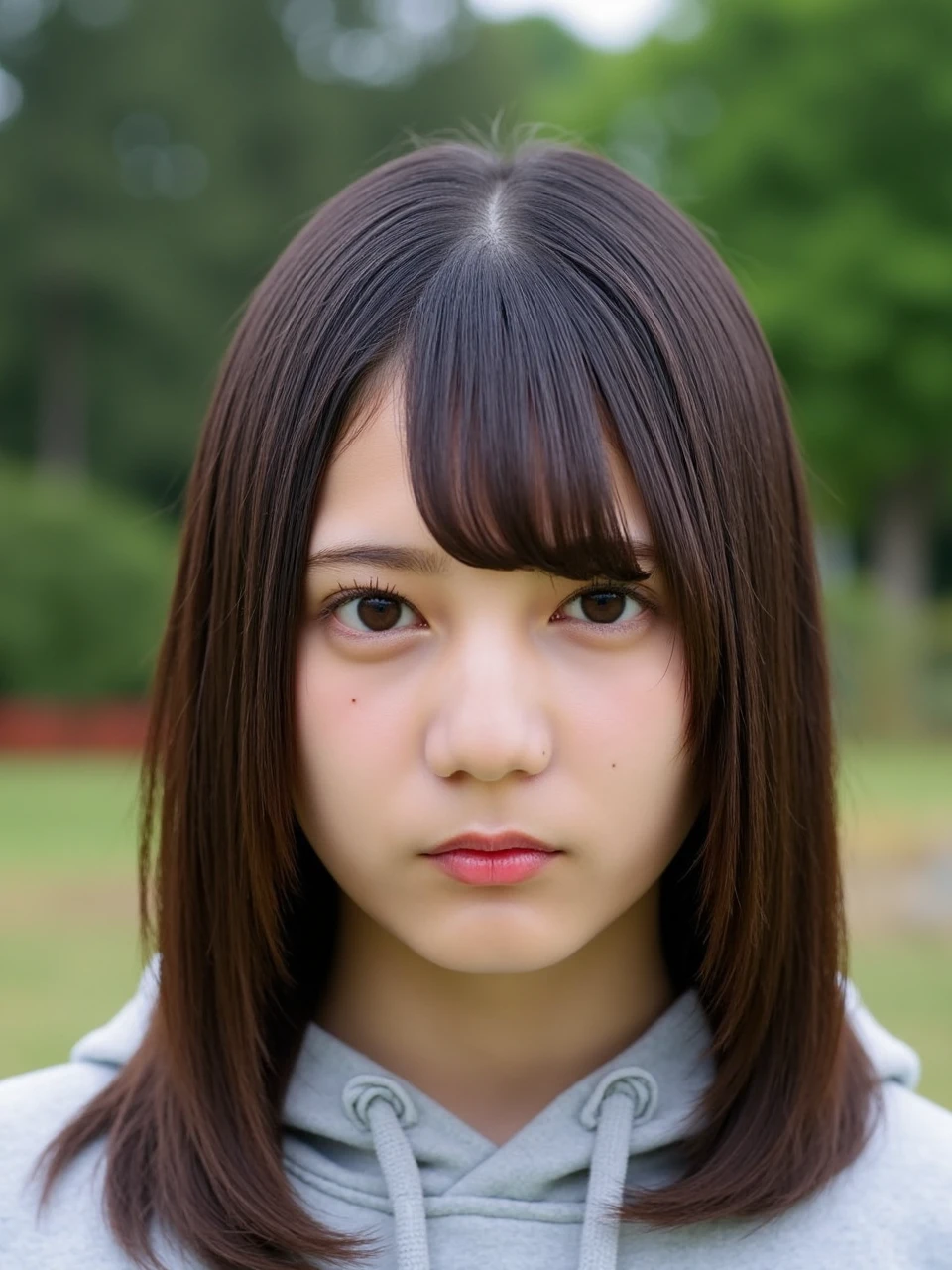 kosakana, The image is a close-up portrait of a young woman's face, She was wearing a gray hoodie. She has long, straight brown hair with bangs that fall over her shoulders. Her hair is styled in loose waves and falls over her forehead. She is looking directly at the camera with a serious expression on her face. The background is blurred, but it appears to be an outdoor setting with trees and greenery. The overall mood of the image is serious and contemplative. The overall mood of the image is contemplative and contemplative.