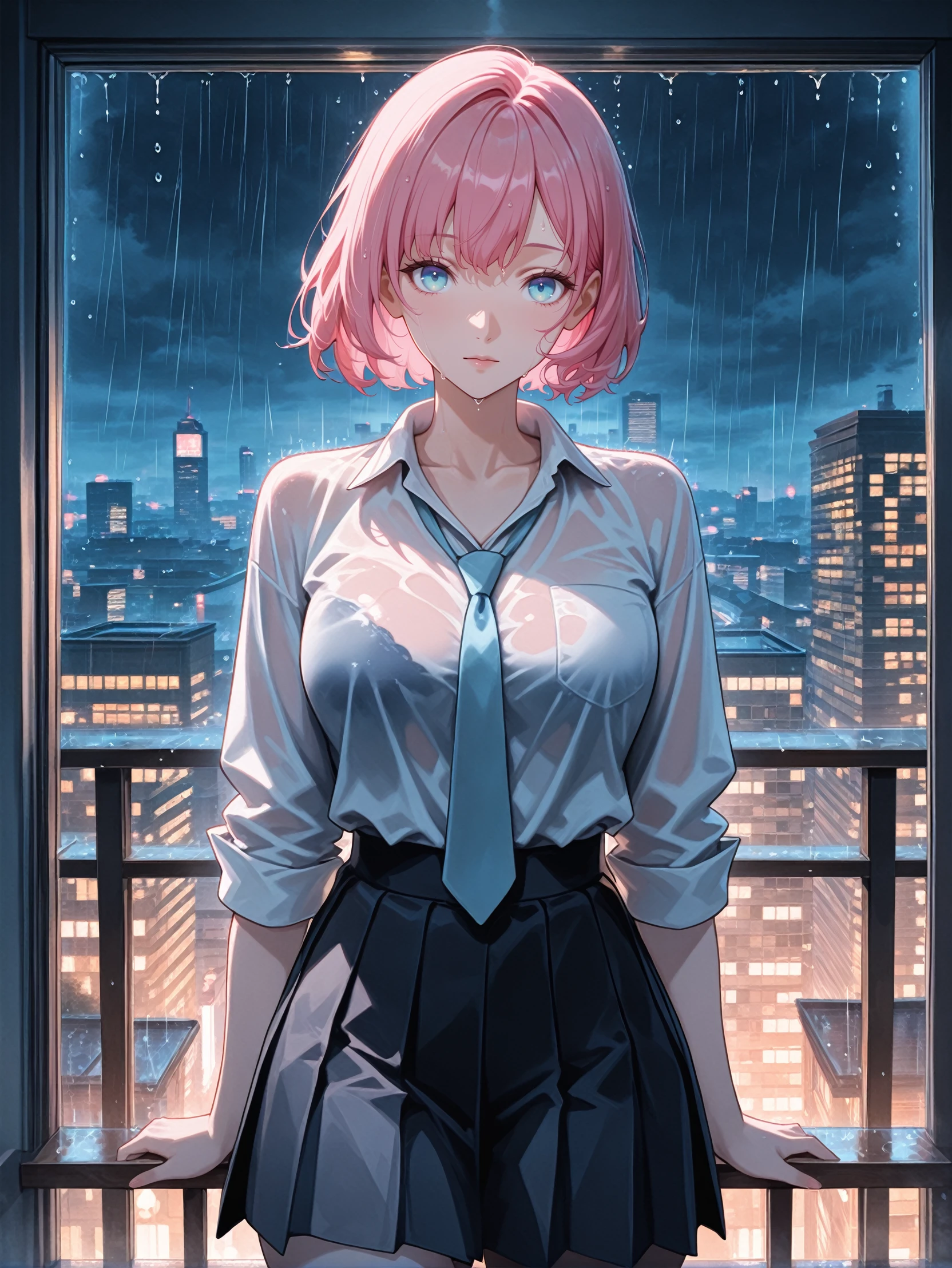 masterpiece, best quality, high resolution, very aesthetic, absurdres, newest, professional, high-quality, detailed eyes,
<lora:ILCRin:1.0>
CRin, 1girl, blue eyes, pink hair, short hair, looking at viewer, cowboy shot, rain, at night, cityscape