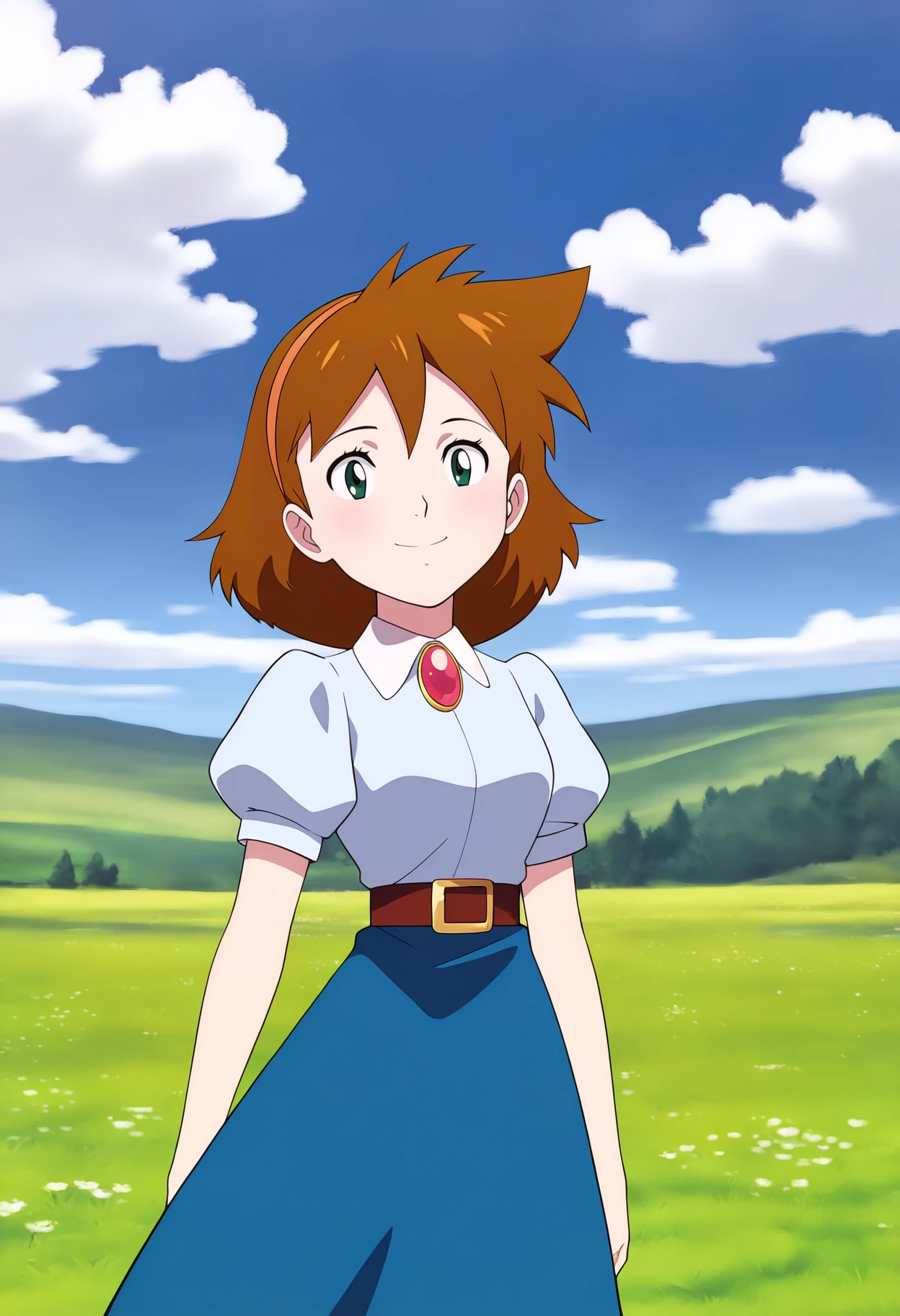 masterpiece, best quality, very aesthetic, absurdres,
1girl, janebuxton, brown hair, short hair, green eyes, hairband, 
brooch, puffy short sleeves, dark blue skirt, belt, 
standing, solo, looking at viewer, smile, blue sky, grass, cloud, meadow background,    <lora:JaneBuxtonNoobXL_byKonan:1>