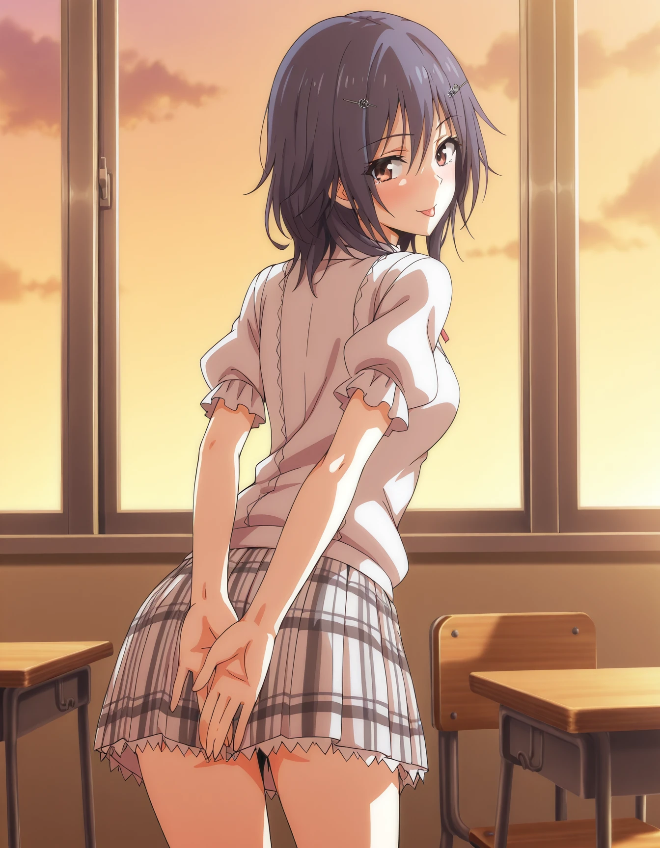 <lora:ikoma-yui-v2-illustrious-000020:0.9> ik0m4yu1, hairclip, school uniform, plaid skirt
1girl, solo, looking back, :p, covering ass, classroom, desk, window, evening, masterpiece, best quality