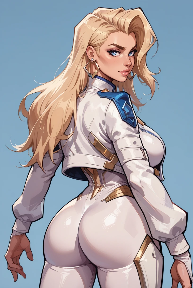 score_9, score_8_up, score_7_up, score_6_up, score_5_up, score_4_up, source_Western_Comics, BREAK, (Masterpiece, 8k, Highly Detailed, Cowboy Shot), BREAK, (Large Breasts, Wide Hips, Big Ass), BREAK, (Sexy Pose, Action Pose, Dynamic Pose), BREAK, (1girl), <lora:Marvel_Rivals_-_Dagger:0.7> long hair, blonde hair, jewelry, earrings, blue eyes, white bodysuit, jacket, rear view, back towards viewer,