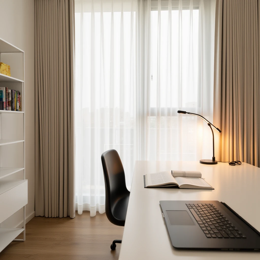 A photo of a modern workspace. On the right, there is a white desk with a black laptop and an open notebook. A sleek desk lamp is turned on, casting a warm light. The chair is black with a simple design, positioned in front of the desk. To the left, there is a white shelving unit with some books and magazines. The background features large, sheer white curtains allowing soft natural light to enter, paired with beige curtains for added style. The flooring is wooden, giving a warm and inviting feel to the space.