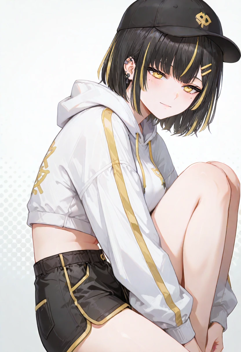 <lora:HandFixer_pdxl_Incrs_v1:1>, <lora:ê·¸ë¦¼ë³´ì  ìì ê¸°:0.5>,  <lora:ê·¸ë¦¼ë³´ì  ponyv6_noobV1_2_adamW-000017:1>, <lora:add-detail-xl:1.5>, <lora:NOOB_EPSv1_1_detailer_by_vlnvk_v1_0:1.5>, <lora:ê·¸ë¦¼ë³´ì  ìì¸íë:1>, <lora:ratatatat74_XL_v2:0.8>, <lora:748cmSDXL:0.6>, masterpiece, best quality, amazing quality, distinct, super_detail, very aesthetic, absurdres, highly detailed, Illustration, score_9, score_8_up, score_7_up, score_6_up, 1girl, solo, 
(cowboy shot:1.5), baseball cap,hoodie, white hoodie, crop top, short shorts, floating, hugging own legs, looking at viewer, from side, from side, [(pastel color background:1.4)::0.1], (official style:0.5), (halftone background:1.2), 
<lora:ìºë¦­í°_ì¼ë¬:1>, eueu_138, yellow_eyes, black_hair, short_hair, bangs, multicolored_hair, streaked_hair, mole, mole under eye, hair_ornament, hairclip, two-tone_hair, piercing, medium_large_breasts,