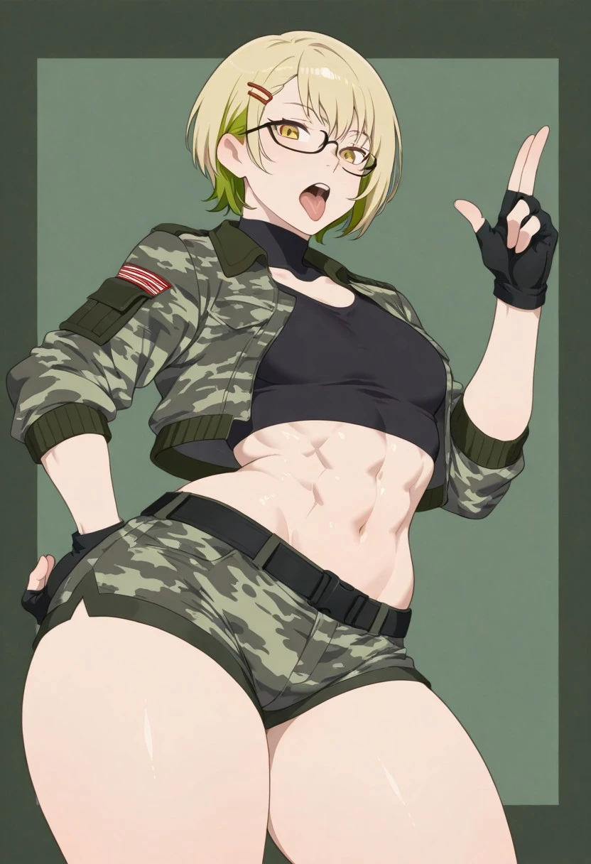 1girl, tongue, abs, gloves, solo, camouflage, tongue out, glasses, fingerless gloves, green hair, navel, belt, yellow eyes, shorts, thick thighs, hair ornament, multicolored hair, hairclip, breasts, jacket, blonde hair, black-framed eyewear, short hair, camouflage jacket, thighs, black belt, wide hips, small breasts, two-tone hair, toned, teeth, black gloves, midriff, flat color background