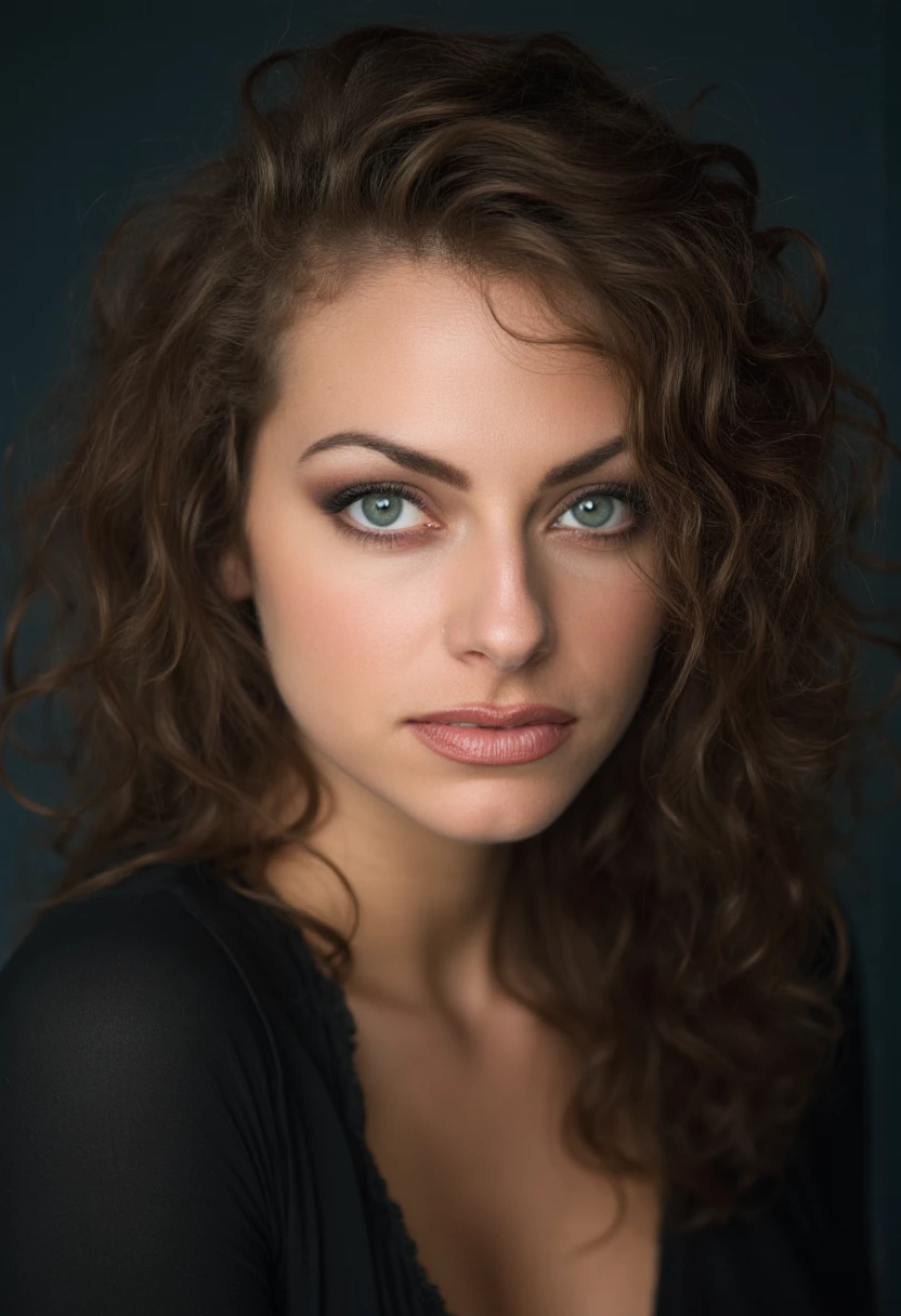 portrait inspired by Peter Lindbergh's photographic style of stacysanches, a brunette woman looking directly at the camera.