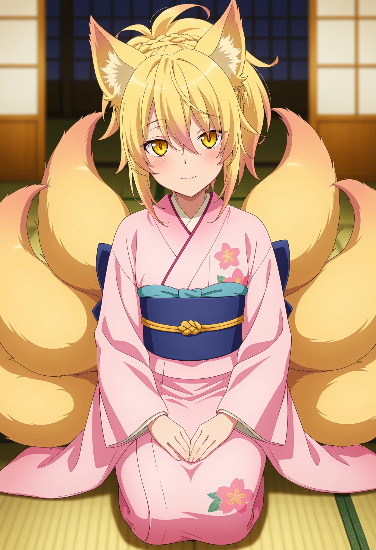anime screencap, masterpiece, best quality,
<lora:HighSchoolDxDHERO_Kunou_IlluXL:0.9>,
1girl, solo, closed mouth, light smile, blush,
ponytail, multicolored hair, blonde hair, crown braid, hair between eyes, yellow eyes, fox ears, multiple tails, fox tail,
KunouKimono, print kimono, pink kimono, blue sash,
seiza, looking at viewer,
blurry background, indoors, tatami, shouji