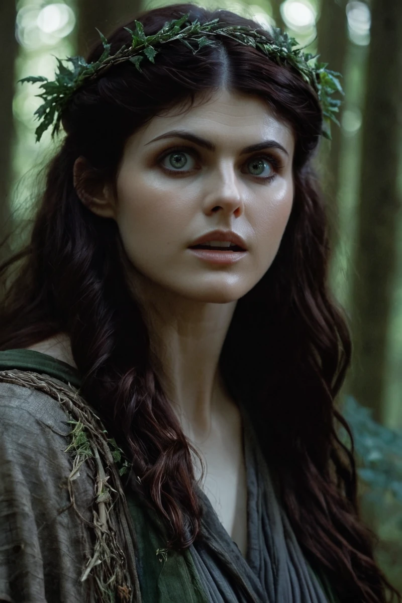 <lora:Alexandra_Daddario_SDXL_101:1> alexandradaddario101 cinematic photo as pagan druid in the woods , expression , finely detailed eyes, moody, , epic scene, epic composition, Photography, Cinematic Lighting, Volumetric Lighting, ethereal light, intricate details, extremely detailed volumetric rays 35mm photograph, film, bokeh, professional, 4k, highly detailed