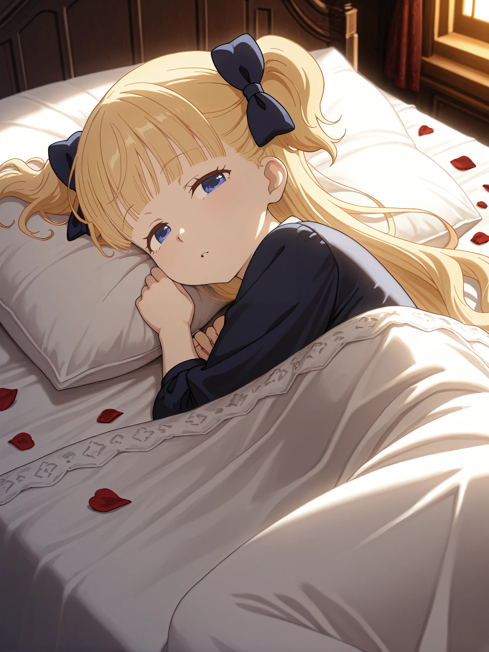 masterpiece, best quality, amazing quality, very aesthetic, absurdres, newest,
<lora:ILAEmilico:1.0>
AEmilico, 1girl, blonde hair, blue eyes, hair bow, blunt bangs, two side up, long hair, looking at viewer, sleeping in a bed, rose petals, Romanian house
