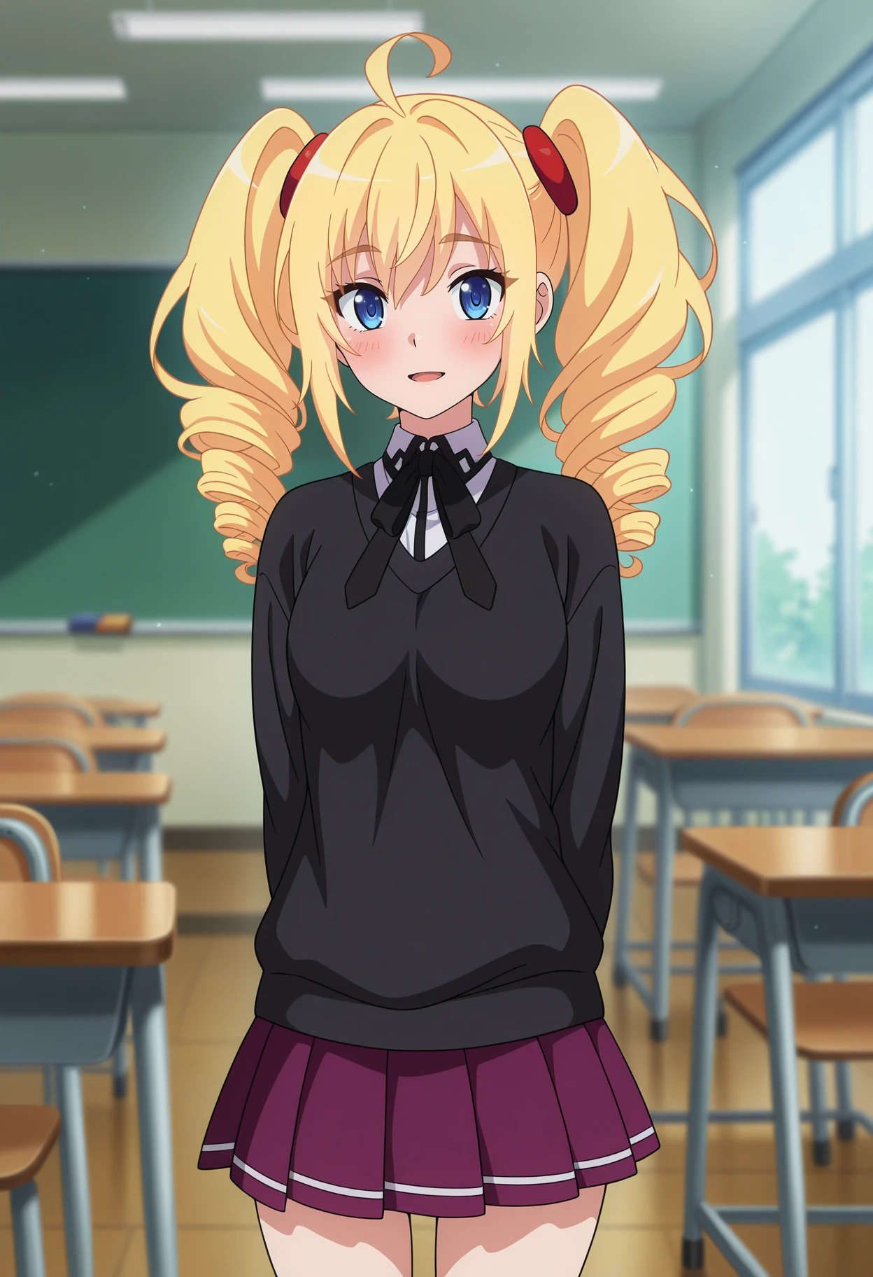 anime screencap, masterpiece, best quality,
<lora:HighSchoolDxDHERO_PhenexRavel_IlluXL:0.9>,
1girl, solo, open mouth, light smile, blush,
drill hair, twintails, blonde hair, blue eyes, ahoge, hair scrunchie, red scrunchie,
RavelSchool, black sweater, neck ribbon, black ribbon, pleated skirt, purple skirt,
a-pose, standing, looking at viewer, cowboy shot,
blurry background, indoors, classroom