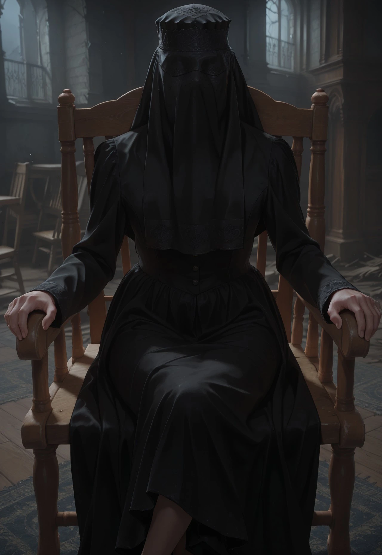 masterpiece, best quality, BREAK, dynamic angle, close-up, 1girl, donnare8, solo, black veil, full veil, head covered, black dress, long skirt, sitting, wood chair, legs crossed, mansion, abandoned, horror, detailed scenery