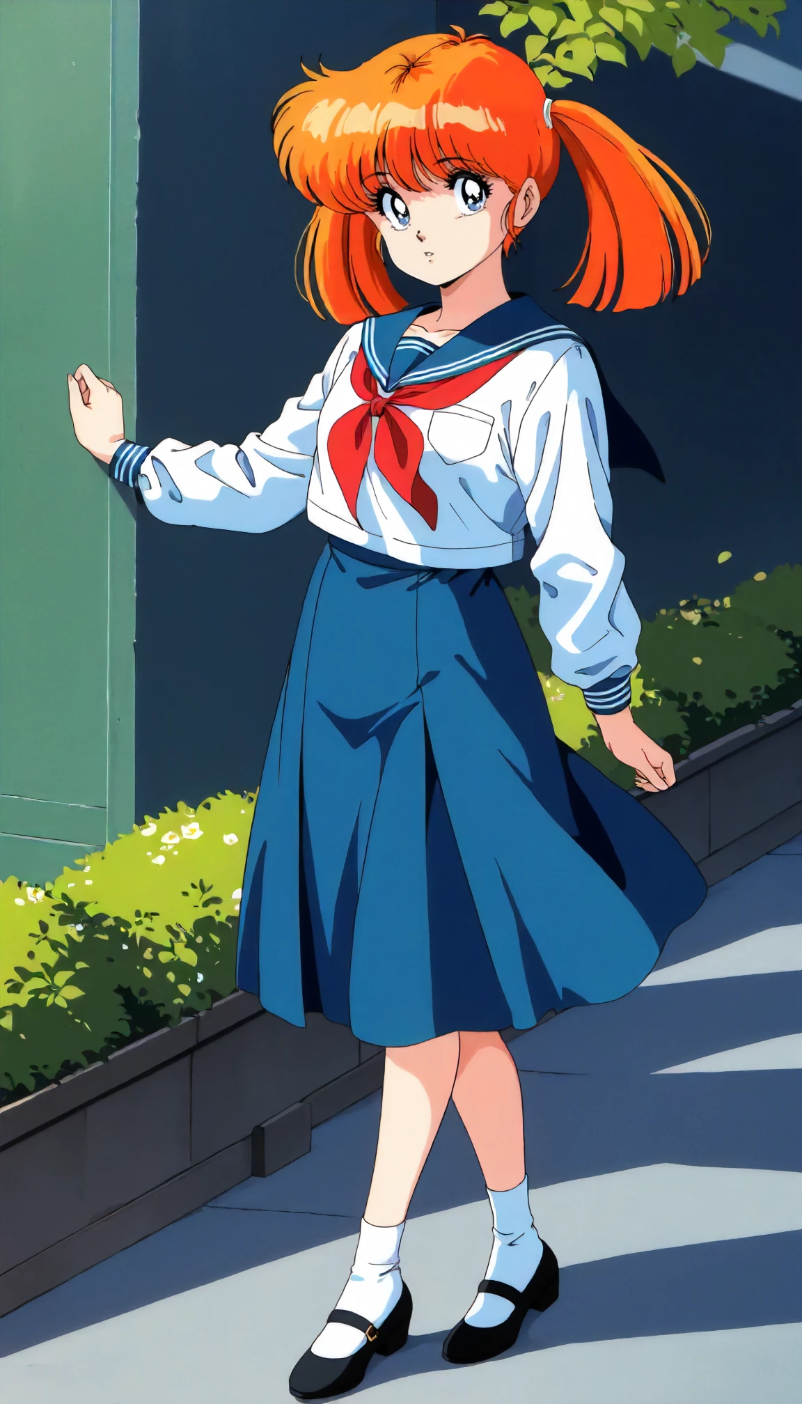 <lora:LA_sakurai_tomoXLIllustrious001>,
masterpiece,best quality,good quality,newest,
outdoors,
parted lips,
looking at viewer,
solo,
anime coloring,retro artstyle,
sakurai_tomo\(lemon_angel\),1girl,orange hair,twintails,blue eyes,
blue sailor color,white shirt,red_neckerchief,
blue skirt,long_skirt,white socks,
mary janes
standing,full body,