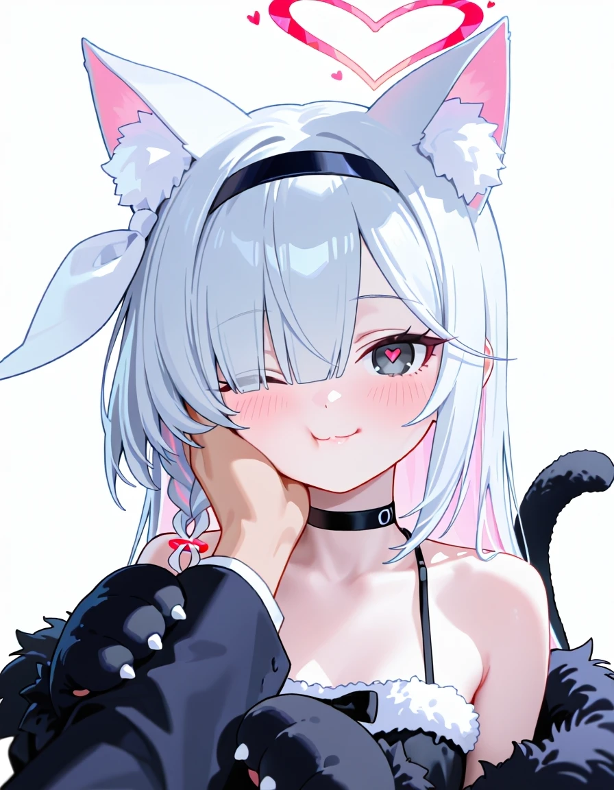 nyalia,
1girl, animal hands, plana \(blue archive\), black dress, heart, halo, pov hands, black eyes, paw gloves, santa hat, red hat, pov, gloves, black hairband, long hair, cheek squash, hand on another's face, red halo, (heart-shaped halo:1.1), cat paws, hand on another's cheek, black choker, fur trim, hairband, symbol-shaped pupils, one eye closed, colored inner hair, braid, hair over one eye, multicolored hair, choker, looking at viewer, single braid, solo focus, pink hair, white background, white hair, simple background, heart-shaped pupils, blush, red pupils, 1boy, upper body, closed mouth, bare shoulders, pink pupils, pink halo, tail, cheek press, cat tail, off shoulder, black gloves, 1other, two-tone hair, alternate costume, smile, animal ear fluff, sensei \(blue archive\), black coat, grey hair, long sleeves,masterpiece, best quality, good quality