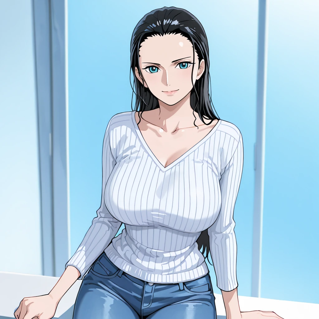 <lora:NicoRobin_illustrious_v1:1>NicoRobin, 1girl, large breasts, black hair, long hair, hair slicked back,blue eyes,collarbone, cowboy shot,sweater, jeans