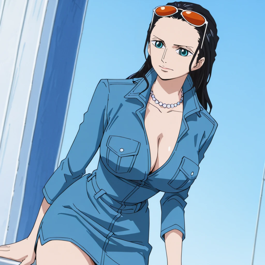 <lora:NicoRobin_illustrious_v1:1>NicoRobinBlueSuit, black hair, 1girl, large breasts, long hair, jewelry, cleavage, eyewear on head, sunglasses, necklace, blue eyes, hair slicked back, jacket, collarbone,cowboy shot