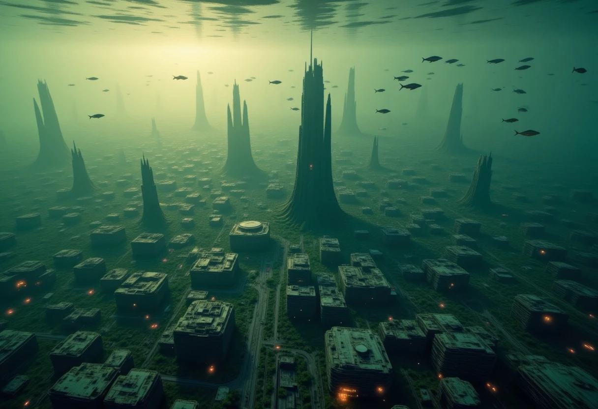 the most realistic, photorealistic photo ever taken [Highest quality、WARM vibrant colors, masterpiece、RAW Photos、god rays, Realistic、water currant, Film Grain、(submerged in the sea:1.5), ( VAST UNDERWATER City:1.5), ( NUCLEAR EXPLOSION:1.5), (SCIFI:1.4), (FISHES SWIMMING:1.5), A city where TECHNOLOGY WELL  developed, Huge construction、pyramids, Very dense and delicate, sun rays piercing the surface of the water, ]