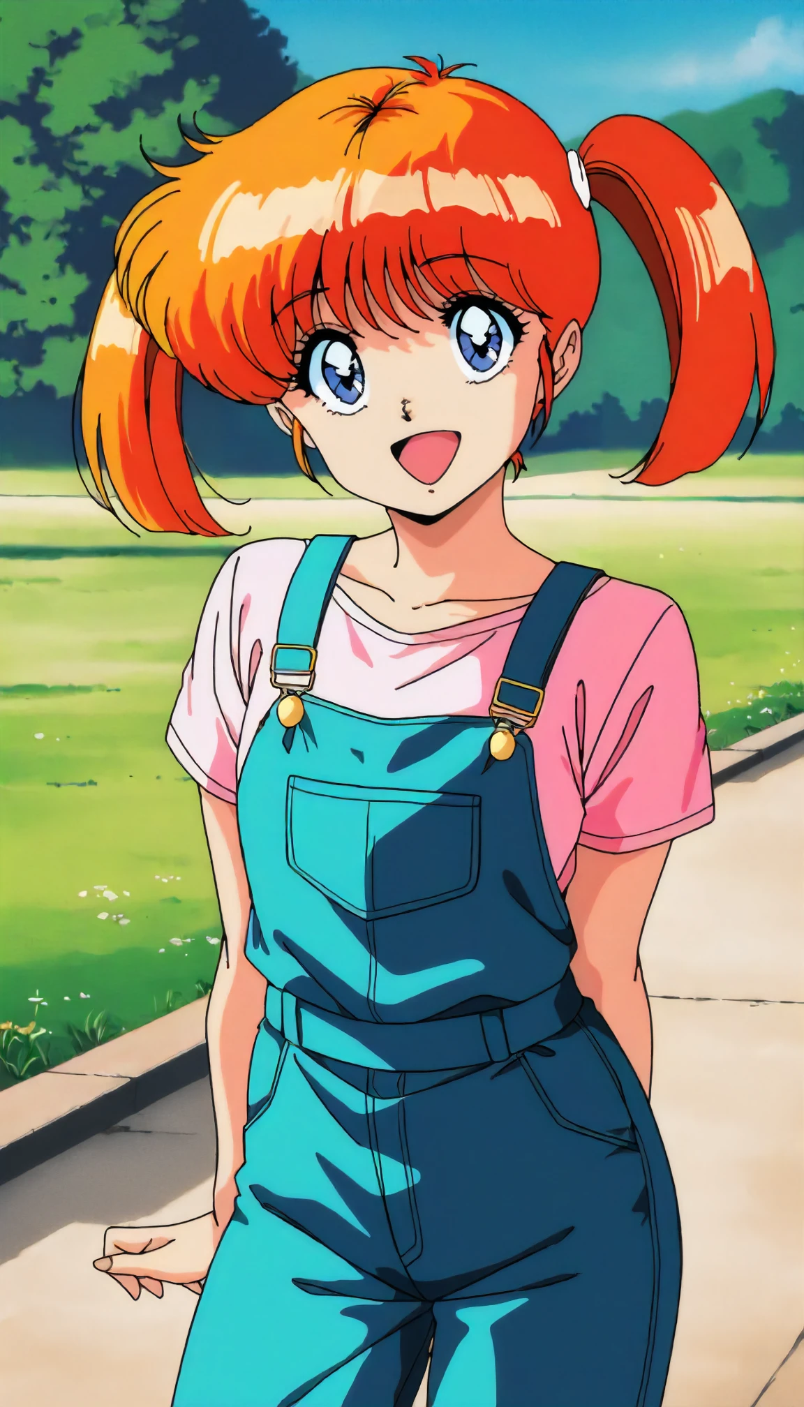 <lora:LA_sakurai_tomoXLIllustrious001>,
masterpiece,best quality,good quality,newest,
outdoors,
smile,open mouth,
looking at viewer,
solo,
anime coloring,retro artstyle,
sakurai_tomo\(lemon_angel\),1girl,orange hair,twintails,blue eyes,
standing,
overalls,