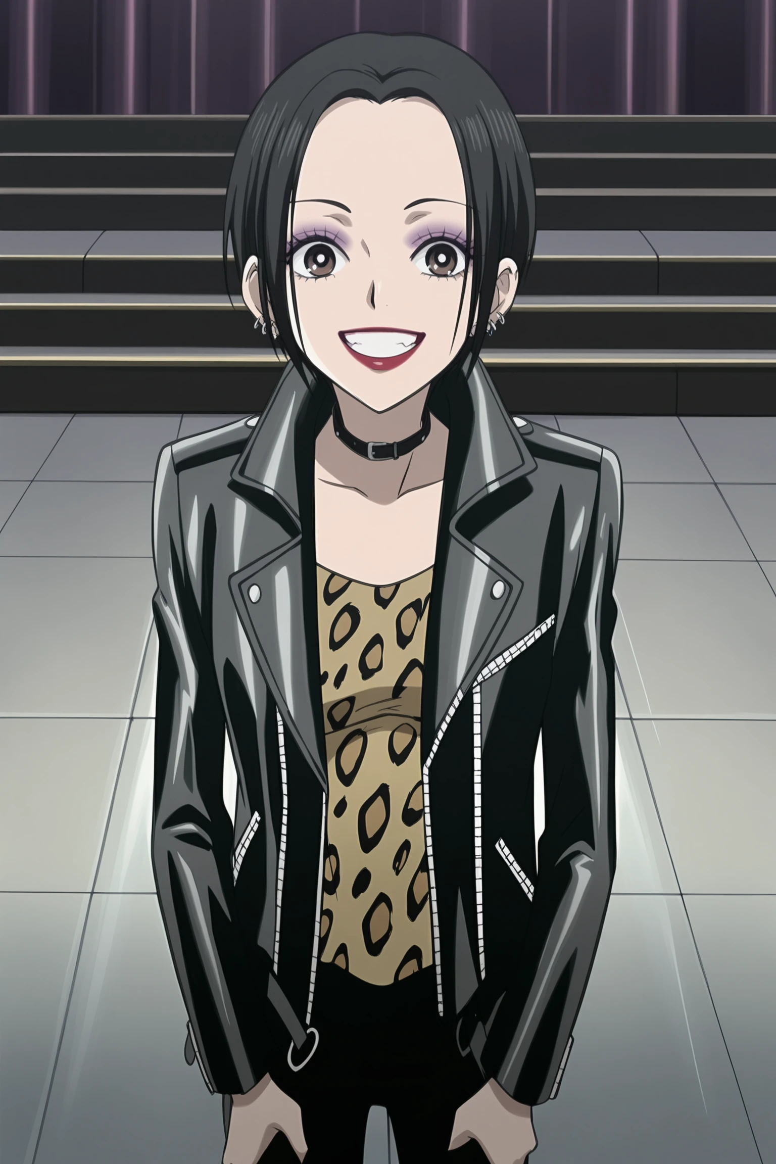 masterpiece, best quality, detailed background, anime screencap, detailed face,
 <lora:Nana_Osaki_Nana_-_Illustrious:1>
on a concert stage,
Nana Osaki, 1girl, black hair, short hair, brown eyes, earrings, collar choker,makeup, lipstick, eyeshadow,
Nana black jacket and rock shirt outfit | lipstick, makeup, jewelry, eyeshadow, leopard print, leather black jacket, collar choker,
(full body shot), mouth open, smile, amusing girl, grinning, teeth, looking at the viewer,