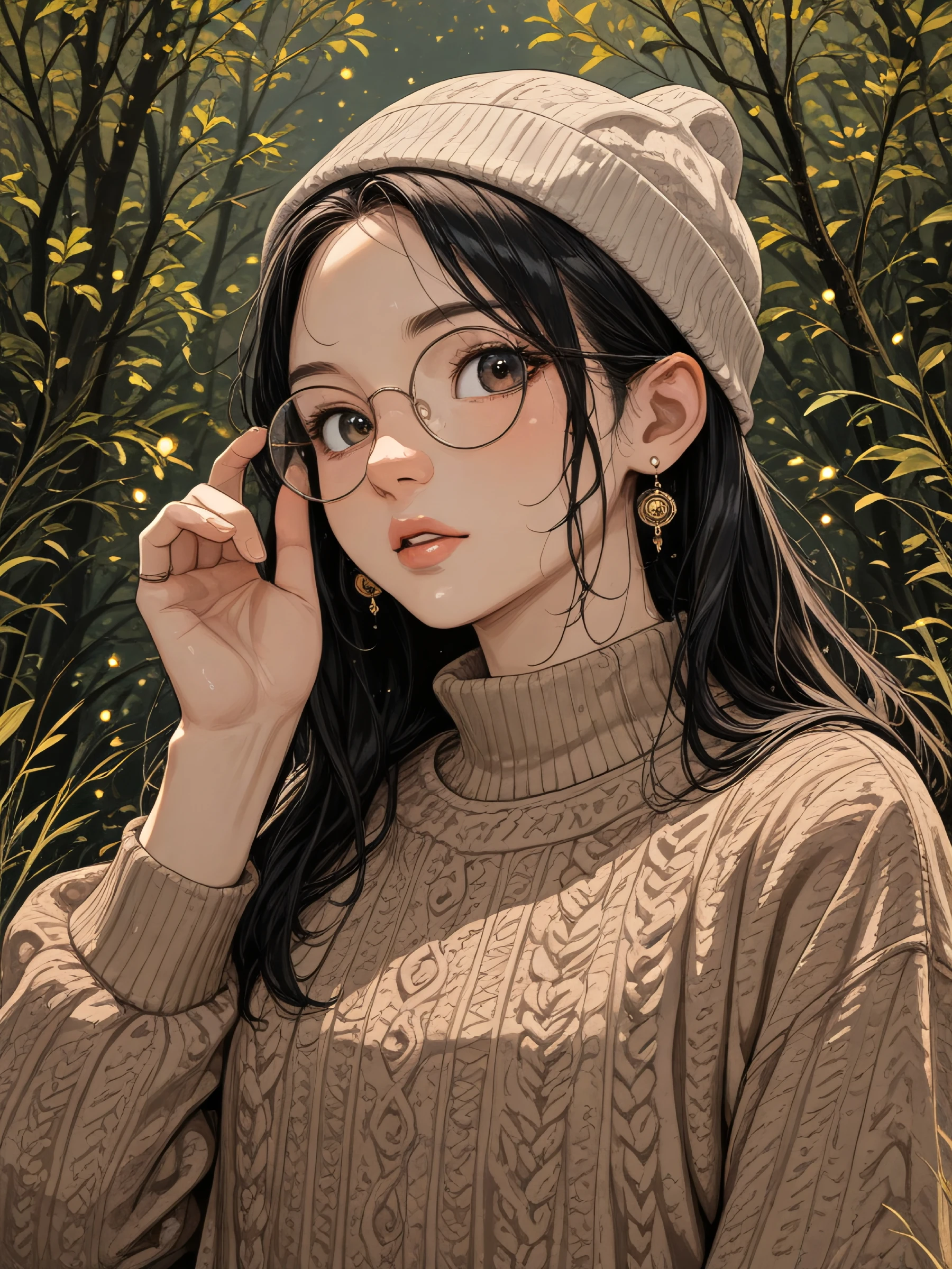 masterpiece, best quality, amazing quality, atmospheric perspective, 1girl, solo, black hair, ring, glasses, long hair, jewelry, hat, beanie, brown eyes, looking at viewer, parted lips, sweater, upper body, lips, round eyewear, long sleeves, hand up, earrings, big nose, knit sweater, adjusting glasses, upper body, fireflies, parted bangs, brown sweater