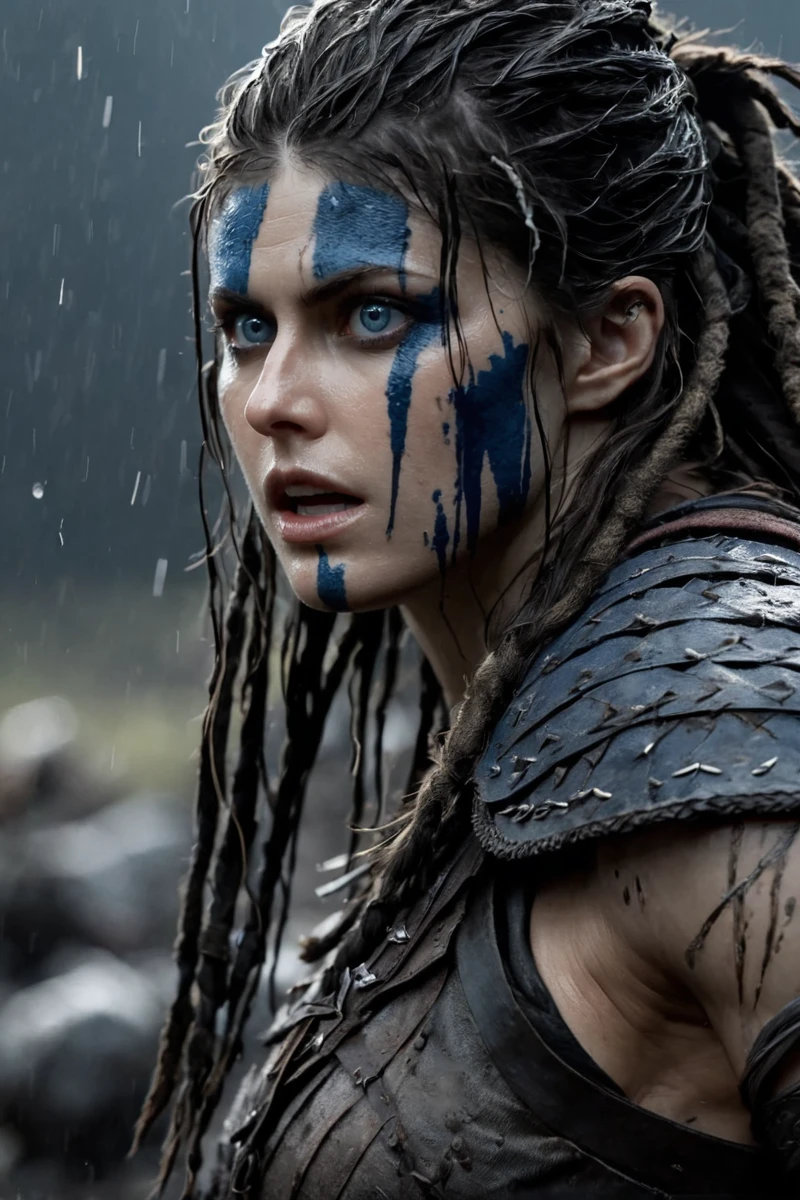 <lora:Alexandra_Daddario_SDXL_101:1> alexandradaddario101 cinematic photo Close-up in Hellblade: Senua's Sacrifice, emerging from black mud, long hair with dreads, war blue paint, paint fading, angry expression, dirty face, finely detailed eyes, moody, Viking clothes, epic scene, epic composition, Photography, Cinematic Lighting, Volumetric Lighting, ethereal light, intricate details, extremely detailed volumetric rays 35mm photograph, film, bokeh, professional, 4k, highly detailed
