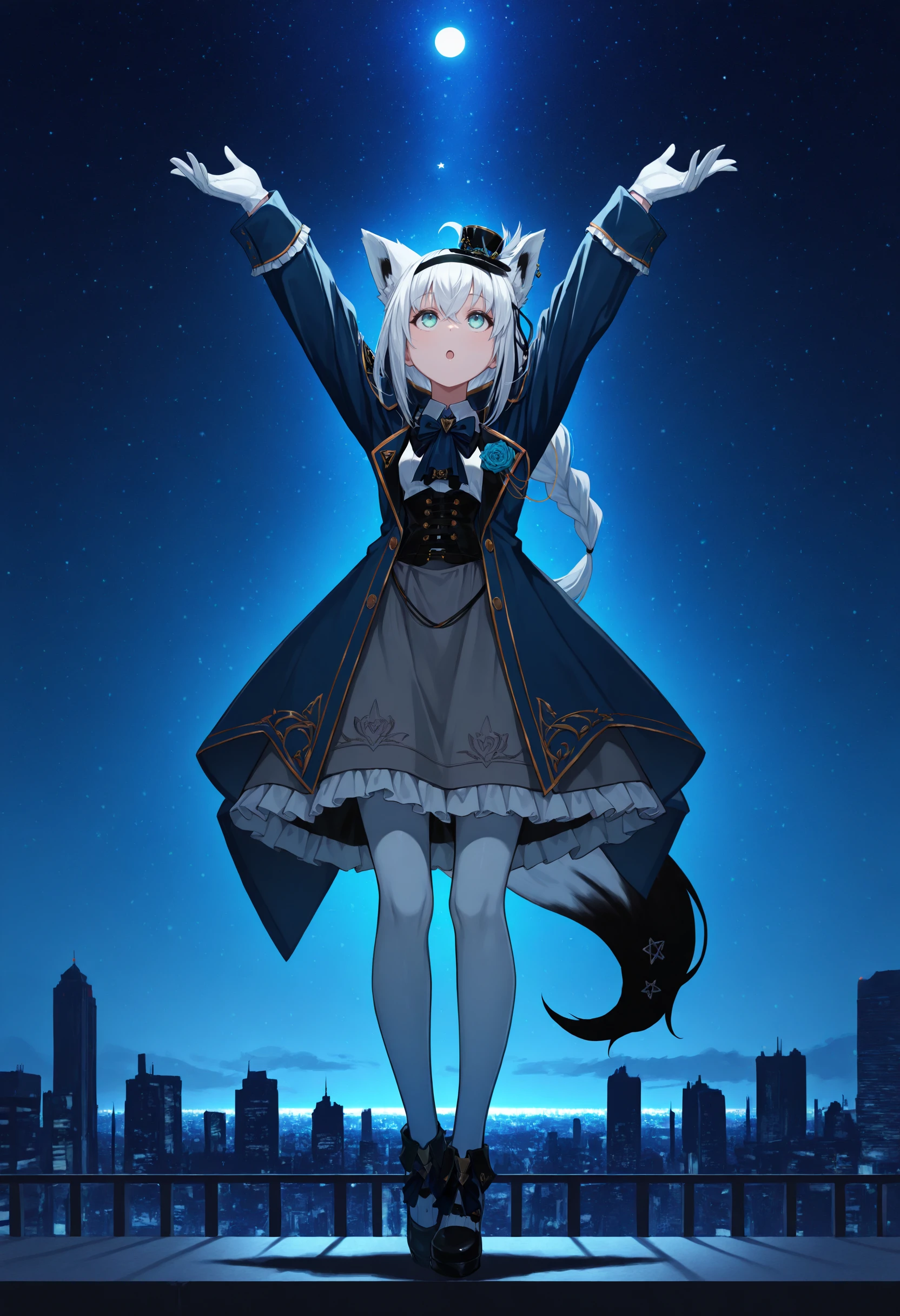 Bright blue eyes, Yellow hairs all over the body, Cute petite, Happy smile, short skirt, byself, Magnificent background(optimization: 0.7),Castle at night, Long-haired animals stand out(optimization: 1.2)。