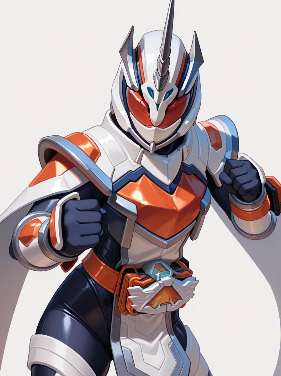 masterpiece, best quality, amazing quality, very aesthetic, absurdres, newest,simple background,
<lora:KamenRiderMajade:1>1girl, armor, solo, kamenridermajade, helmet, , gloves, bodysuit, belt, rider belt fighting stance, clenched hands, single_horn