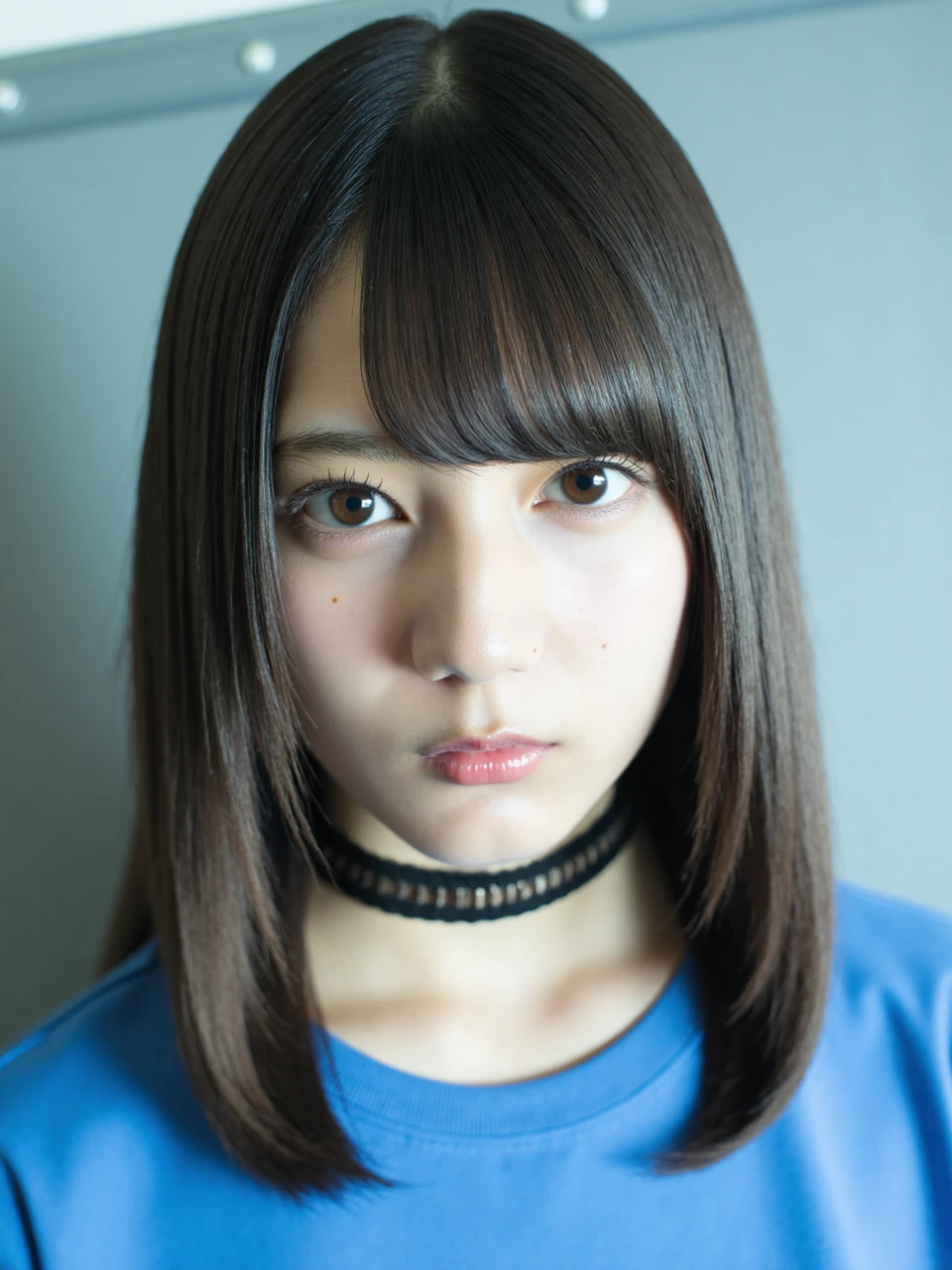 The image is a close-up portrait of a young woman named kosakana with semi-long hair. She is wearing a blue top with a choker necklace around her neck. Her hair is styled in a bob with bangs that fall over her shoulders. She has a serious expression on her face and is looking directly at the camera. The background is gray white walls, and the environment is dim. The dim lighting adds a touch of mystery to the characters.