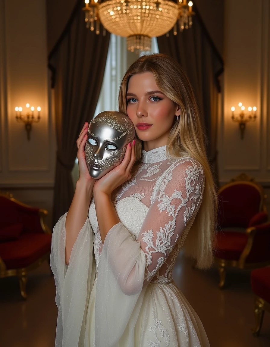 A woman stands in a grand, opulent ballroom, surrounded by candelabras and velvet drapes. She wears a stunning, white turtle neck dress that seems to shimmer in the dim light, as she holds up a delicate, silver mask. The camera captures every detail of the dress, from the intricate lace to the sparkling sequins.
Composition: The woman is positioned at the center of the frame, with the ballroom's chandeliers reflected in her mask. The lighting is soft and dramatic, with deep shadows and highlights.
