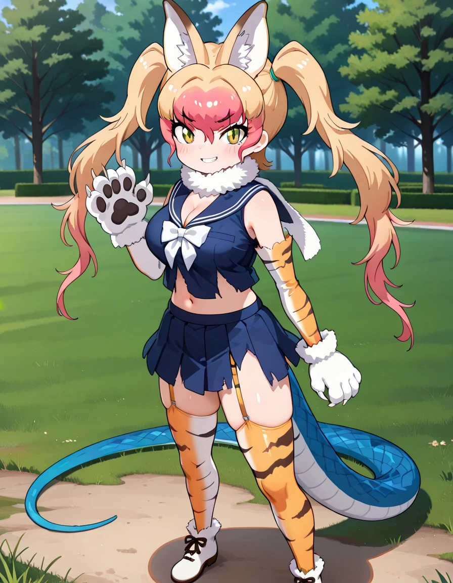 1girl, <lora:nue_kf_ilxl_v1:1>, nue \(kemono friends\), animal ears, animal ear fluff, animal costume, cat ear, multicolored hair, two-tone hair, light brown hair, pink hair, twintails, long hair, hair between eyes, yellow eyes, slit pupils, lizard tail, scales, gloves, print gloves, paw gloves, white gloves, large breasts, nue1st, nue1st, serafuku, blue serafuku, bow, bowtie, white bow, white bowtie, blue sailor collar, sailor collar, sailor dress, torn clothes, torn dress, gloves, tiger print, serafuku, blue serafuku, elbow gloves, orange gloves, fur collar, fur trim, cleavage, navel, midriff, skirt, blue skirt, pleated skirt, garter belt, thighhighs, tiger stripes, shoes, footwear, tachi-e, full body, standing, pose, blush, smile, looking at viewer, park, on grass, outdoors, day, masterpiece, best quality, very aesthetic, absurdres,
