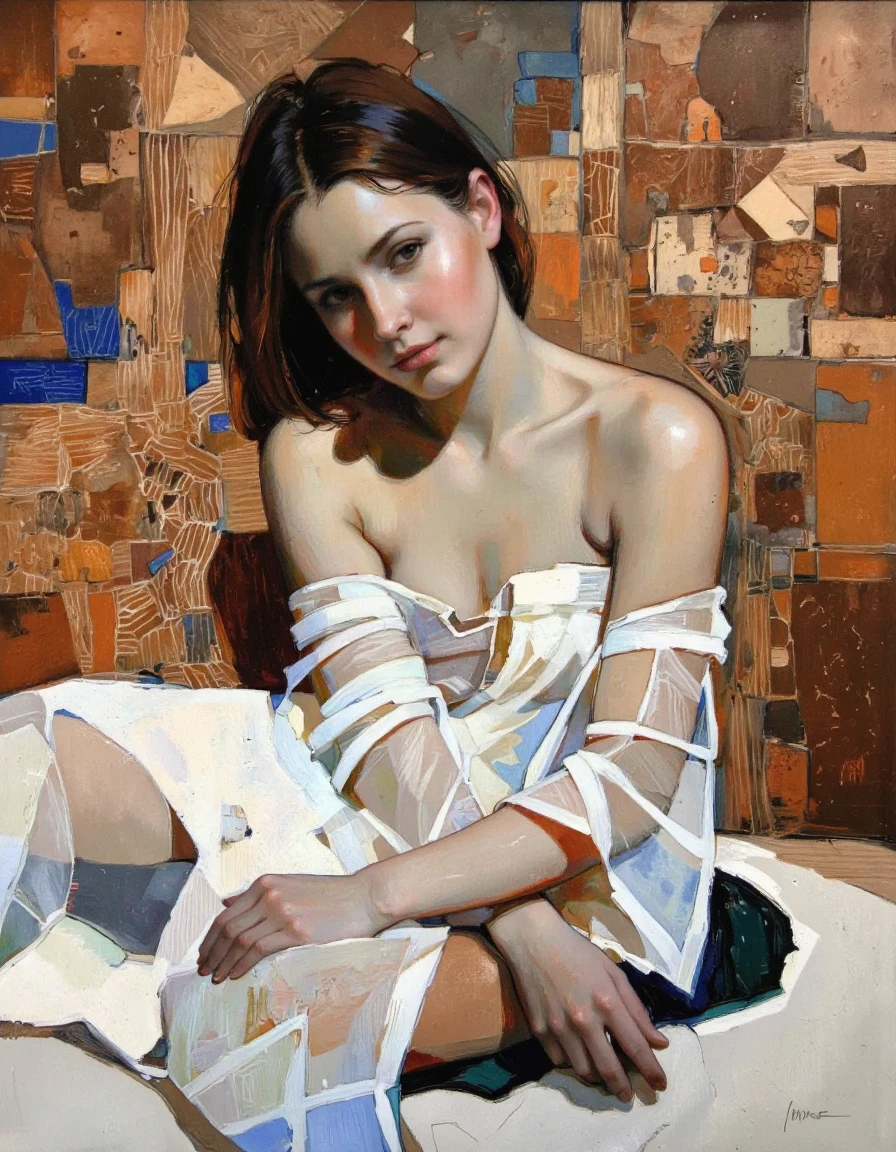 By Donna Young. An impressionistic digital painting in a modern, abstract style, featuring a young woman with fair skin and straight, dark brown hair. She is depicted in a relaxed, contemplative pose, seated on a cushioned surface with her left arm resting on her lap and her right arm crossed over her left arm. The woman wears a strapless dress with long, flowing sleeves that appear to be made of a translucent fabric, revealing a hint of her shoulders and upper chest. Her expression is calm and introspective, with a slightly pensive look on her face. The background is an intricate, geometric pattern composed of various shades of orange, brown, and blue, creating a mosaic-like texture that contrasts with the softness of the womanâs skin and dress. The background's abstract composition suggests a modern, minimalist aesthetic, with lines and shapes that seem to flow and intersect organically. The overall color palette is warm and muted, with earthy tones dominating the scene. The painting's style is reminiscent of contemporary digital art, blending elements of surrealism and abstraction to create a visually striking and emotionally evocative image.