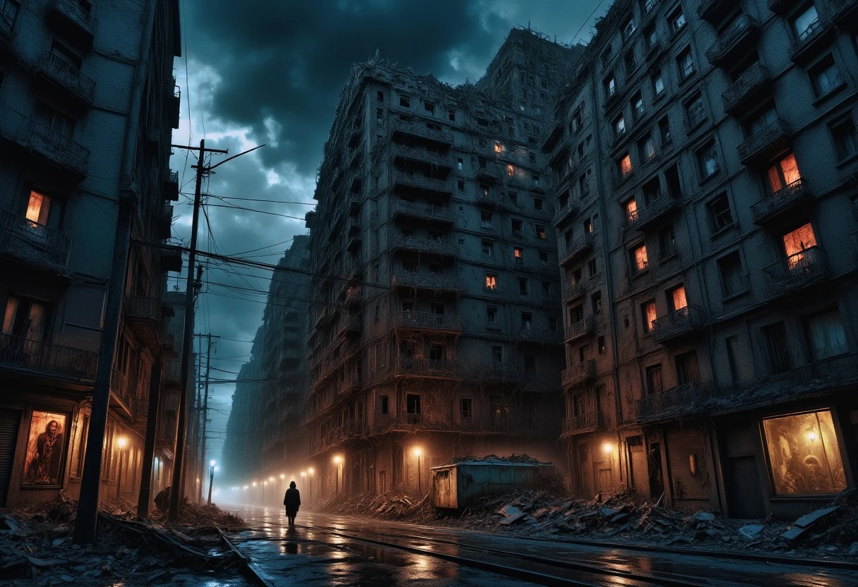 high quality, 8K Ultra HD, a metropolis where elements of nightmarish surrealism converge into a scary, gore, horror scene, Escher's influence is subtly incorporated, transforming the city into an intricate, mind-bending spectacle, Stark contrasts between light and dark enhance the dreamlike quality of the scene, creating an unsettling yet captivating urban horrific dreamscape, photorealistic, ultra realistic,