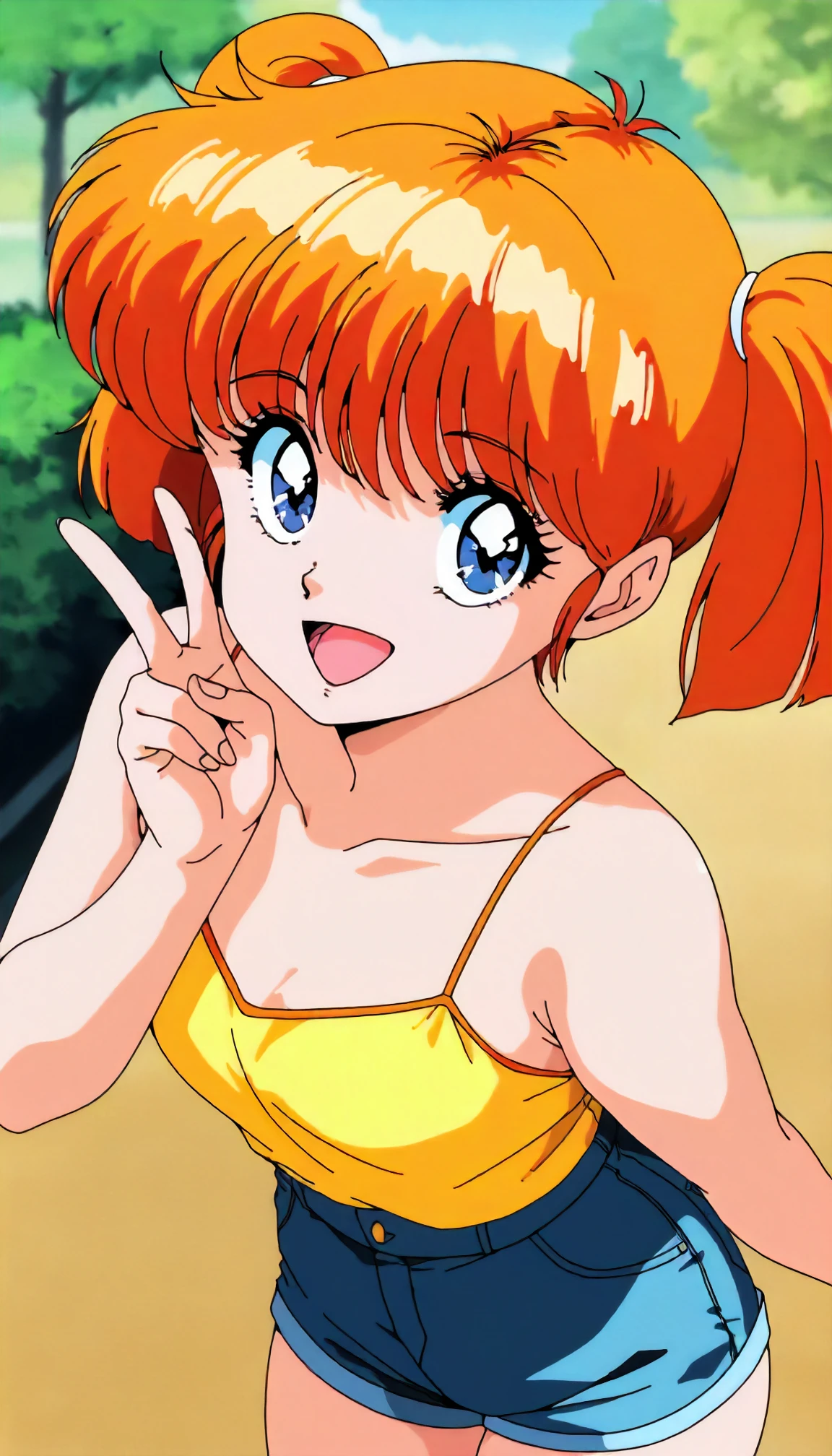 <lora:LA_sakurai_tomoXLIllustrious001>,
masterpiece,best quality,good quality,newest,
outdoors,
smile,open mouth,v,
looking at viewer,
solo,
anime coloring,retro artstyle,
sakurai_tomo\(lemon_angel\),1girl,orange hair,twintails,blue eyes,
yellow camisole,
denim shorts,
standing,