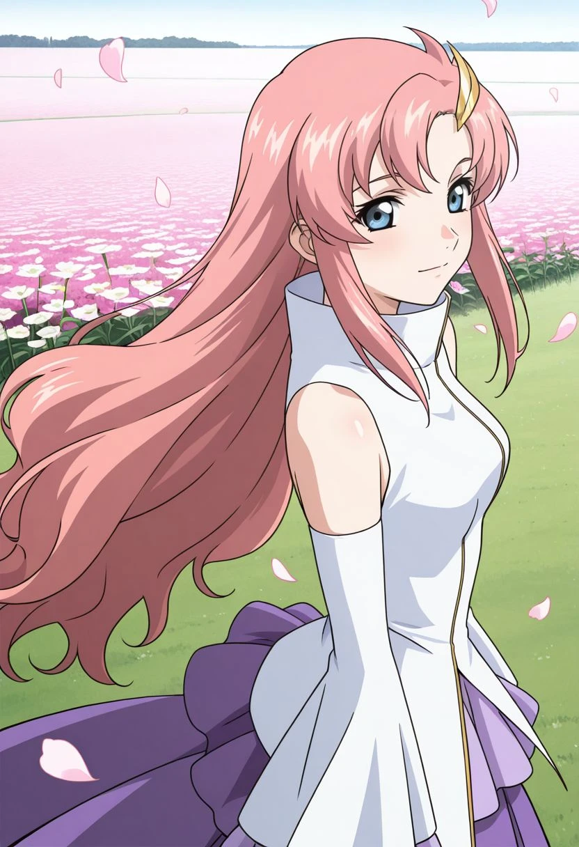 detailed eyes, beautiful, detailed background, perfect eyes,
source_anime, very aesthetic, anime coloring,
<lora:HandFineTuning_XL:1>
BREAK,
flower field, floating flower petals,
light smile, looking at viewer, cowboy shot, from side, looking at viewer,
BREAK,
<lora:lacus01_illustrious_v01:0.9>
lacusbase, pink hair, long hair, wavy hair, hair ornament, blue eyes, sidelocks ,
frilled sleeves, bare shoulders, very long hair, detached sleeves, purple skirt, long skirt,