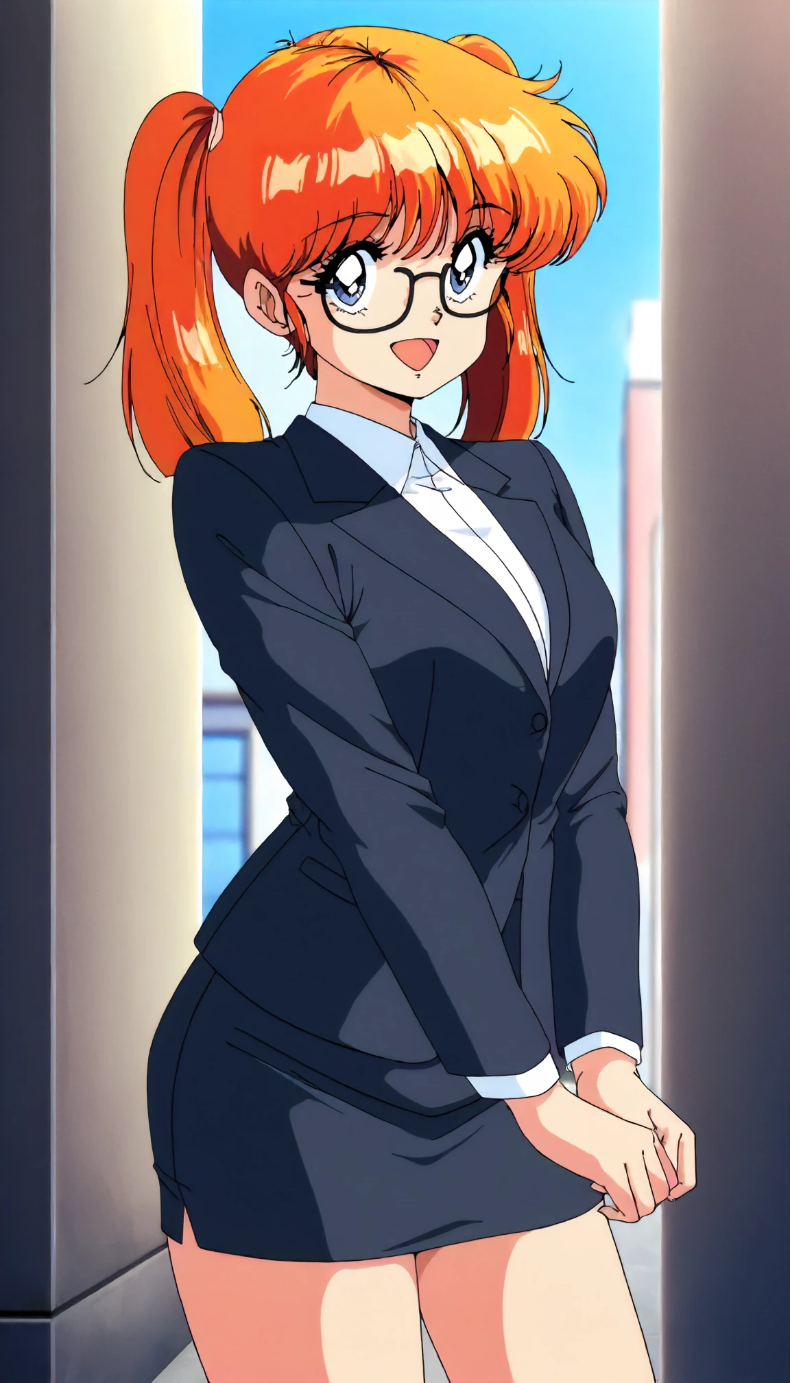 <lora:LA_sakurai_tomoXLIllustrious001>,
masterpiece,best quality,good quality,newest,
outdoors,
smile,open mouth,
looking at viewer,
solo,
anime coloring,retro artstyle,
sakurai_tomo\(lemon_angel\),1girl,orange hair,twintails,blue eyes,
standing,
under-rim_eyewear,business_suit,pencil_skirt,