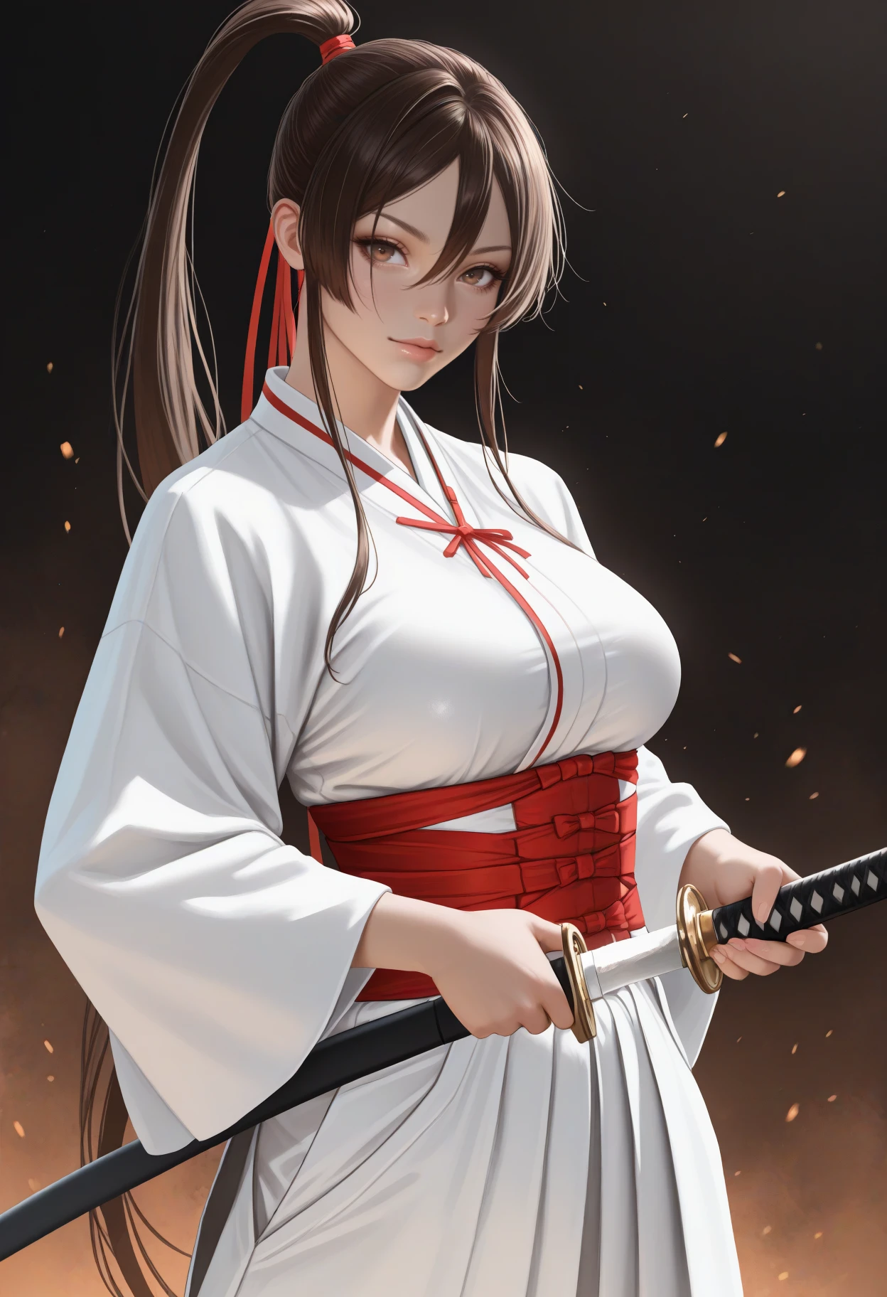 masterpiece, best quality, newest, realistic, solo, 1girl, sag1ri, looking at viewer, unsheathing, holding sword, katana, long hair, brown hair, hair between eyes, sidelocks, high ponytail, hair ribbon, red ribbon, brown eyes, japanese clothes, white kimono, red sash, obi, wide sleeves, white hakama, hakama skirt
<segment:yolo-Anzhc Face seg 640 v2 y8n.pt,0.4,0.5//cid=1>