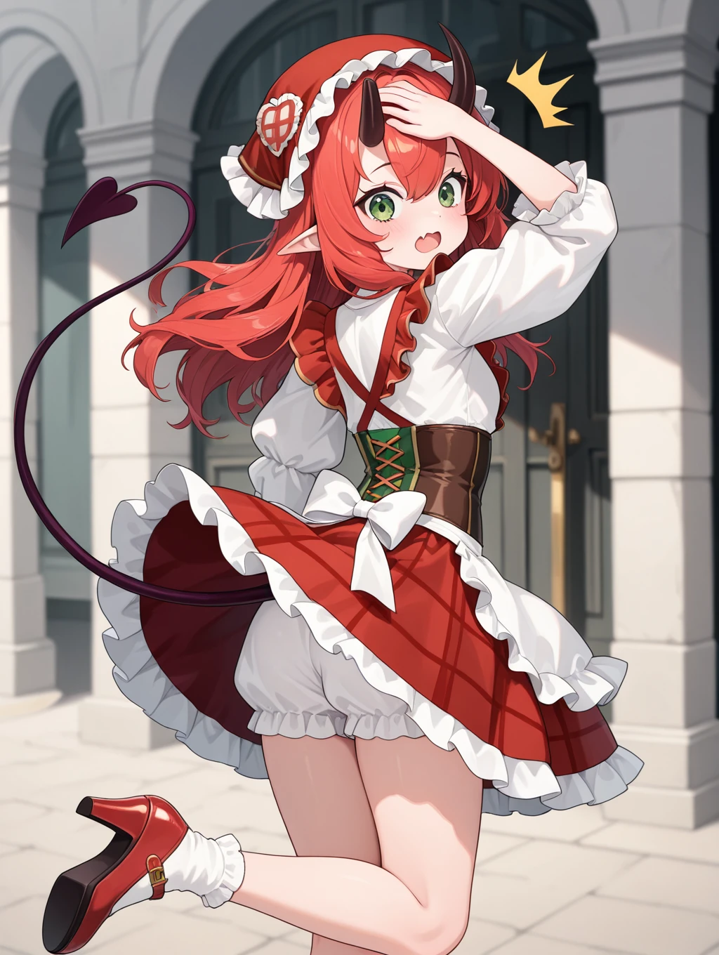 paimon, 1girl, solo, long hair, skirt, shirt, long sleeves, hat, dress, hair between eyes, green eyes, tail, white shirt, red hair, frills, horn, shoes, pointy ears, socks, puffy sleeves, apron, high heels, plaid, demon girl, frilled dress, white socks, red footwear, demon tail, corset, skin fang, bloomers,

from behind, hand on forehead, surprised, mouth open,



masterpiece, best quality,amazing quality, very aesthetic, absurdres, depth of field, blurry background, extremely detailed face, detailed eyes