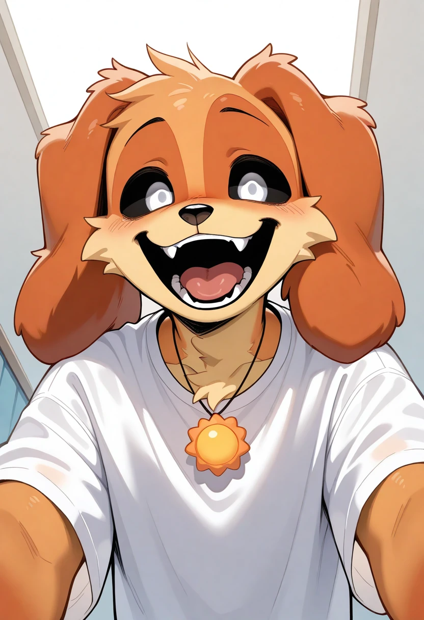best quality, amazing quality, very aesthetic, absurdres, newest, 1boy, solo, dogday, poppy playtime, BREAK
furry, sun necklace, smile, male focus, furry male, black sclera, white eyes, animal ears, open mouth, shirt, looking at viewer, dog boy, white shirt, <lora:DogDay_Poppy_Playtime_Illustrious:1>