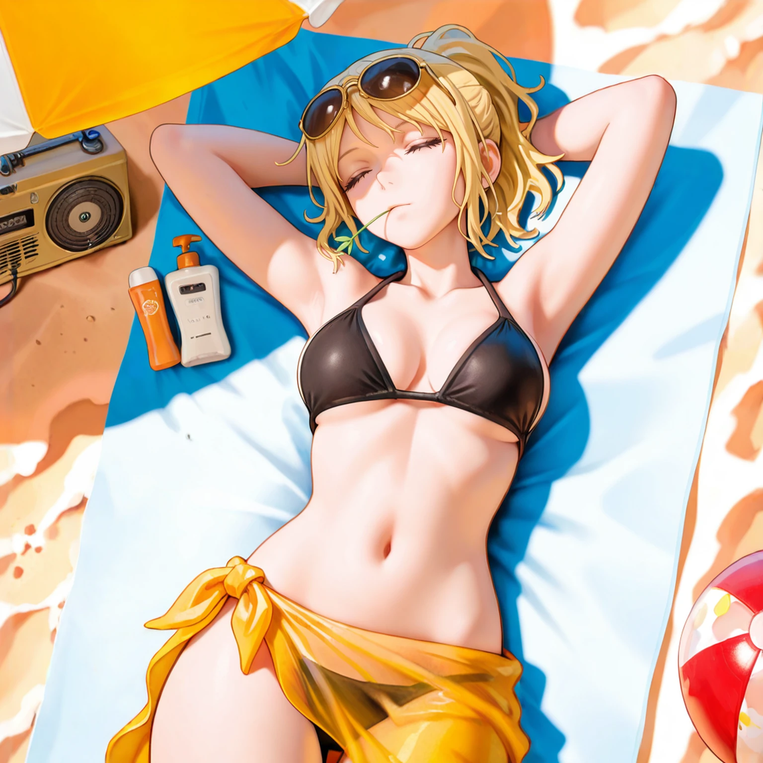 masterpiece,best quality,absurdres,highres,<lora:Hyetta:1>,wildfire,
solo,hyetta (elden ring),short ponytail,messy hair, black bikini, yellow sarong, closed eyes, sunglasses, on back, on beach towel, beach umbrella, beachball, radio, sleeping, arms behind head, lotion bottle, from above, cowboy shot, stalk in mouth,